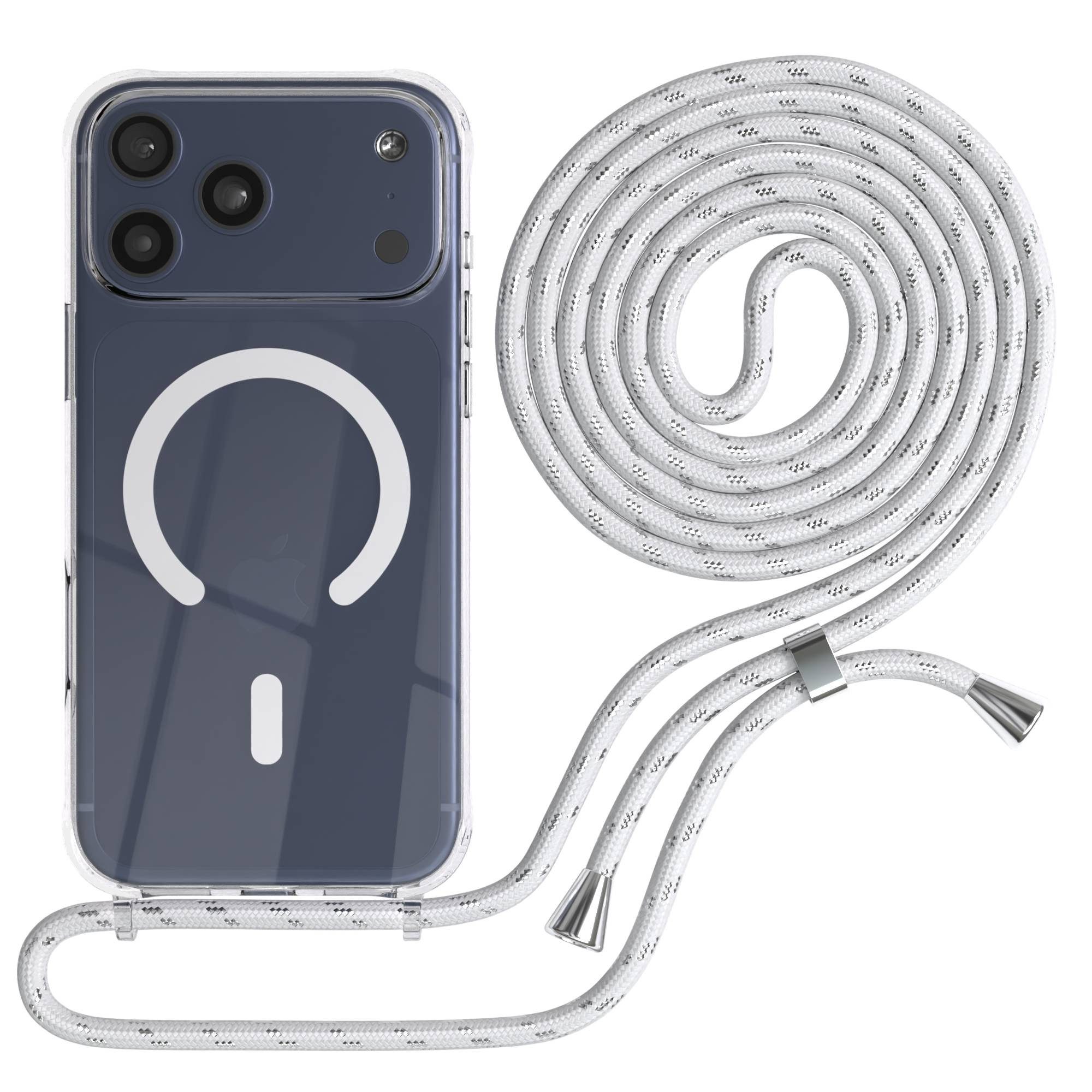 EAZY CASE Handykette mit Magsafe Hülle für Apple iPhone 17 Pro Max 6,9 Zoll, Handykordel Qi-Case Slimcover mit Umhängeband zum Umhängen Weiß Silber