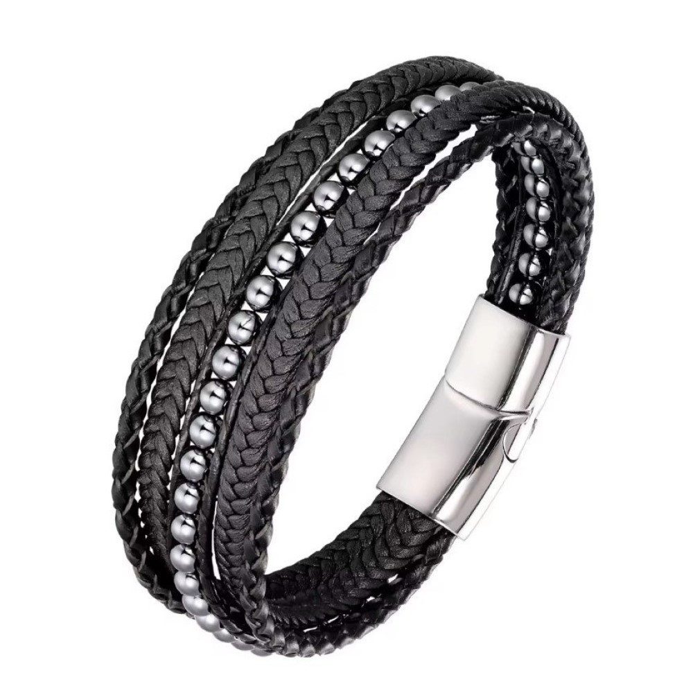 Saraswati Armband Herren Armband 5 Strang, Leder mit Perlen, schwarz, 21x2cm