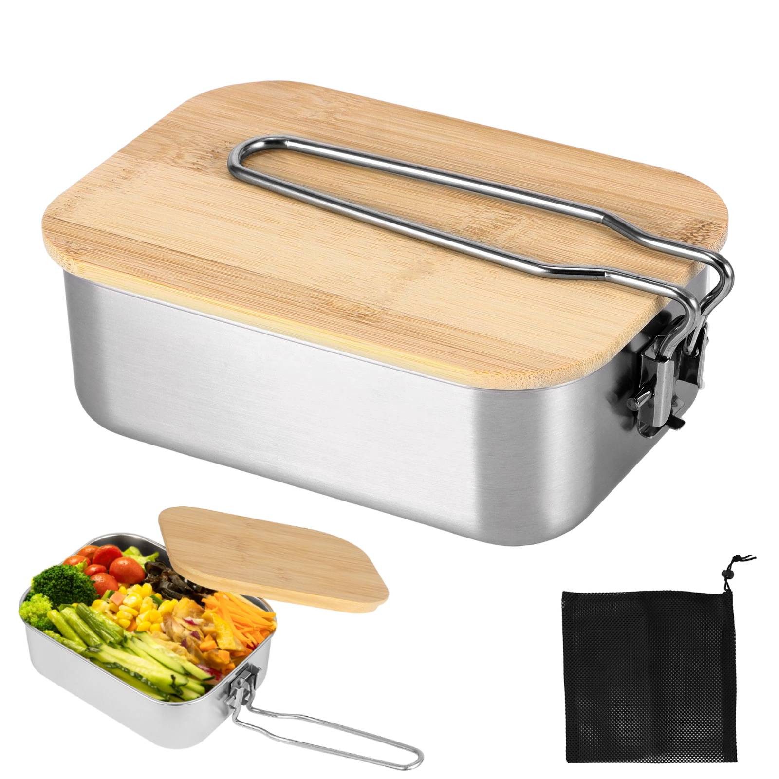 BlingBin Lunchbox 900ml Brotdose Edelstahl Lunchbox mit Bambusdeckel & Griff, Bento-Box, Edelstahl + Bambusdeckel, (1er Set, 1-tlg., Produktabmessungen: 19 x 13 x 6 cm), Vesperdose Mit Aufbewahrungstasche für Picknick Camping Schule Büro