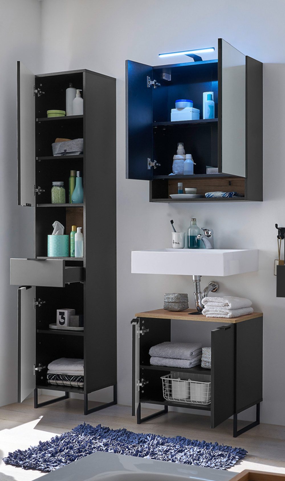 BEGA BBK Badezimmer-Set (3-tlg) in schwarz matt / Evoke Eiche Dekor - 120x195x35 (BxHxT), (3-tlg., bestehend aus: Waschbeckenunterschrank,Spiegelschrank, Hochschrank)