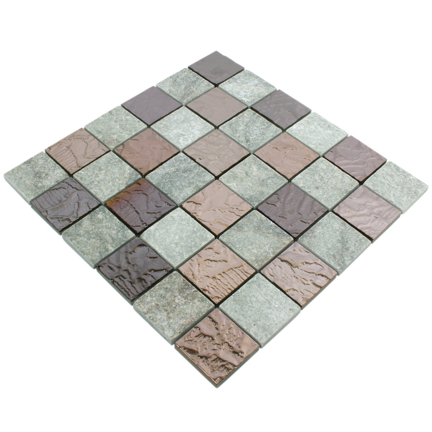 Mosafil Mosaikfliesen Glas Naturstein Mosaikfliesen Sheldrake Grau Kupfer, Naturstein-Glas-Quarzit 30.000x30.000, braun-grau-kupfer, Verlegefertig auf ein Netz geklebt - Wasserfest