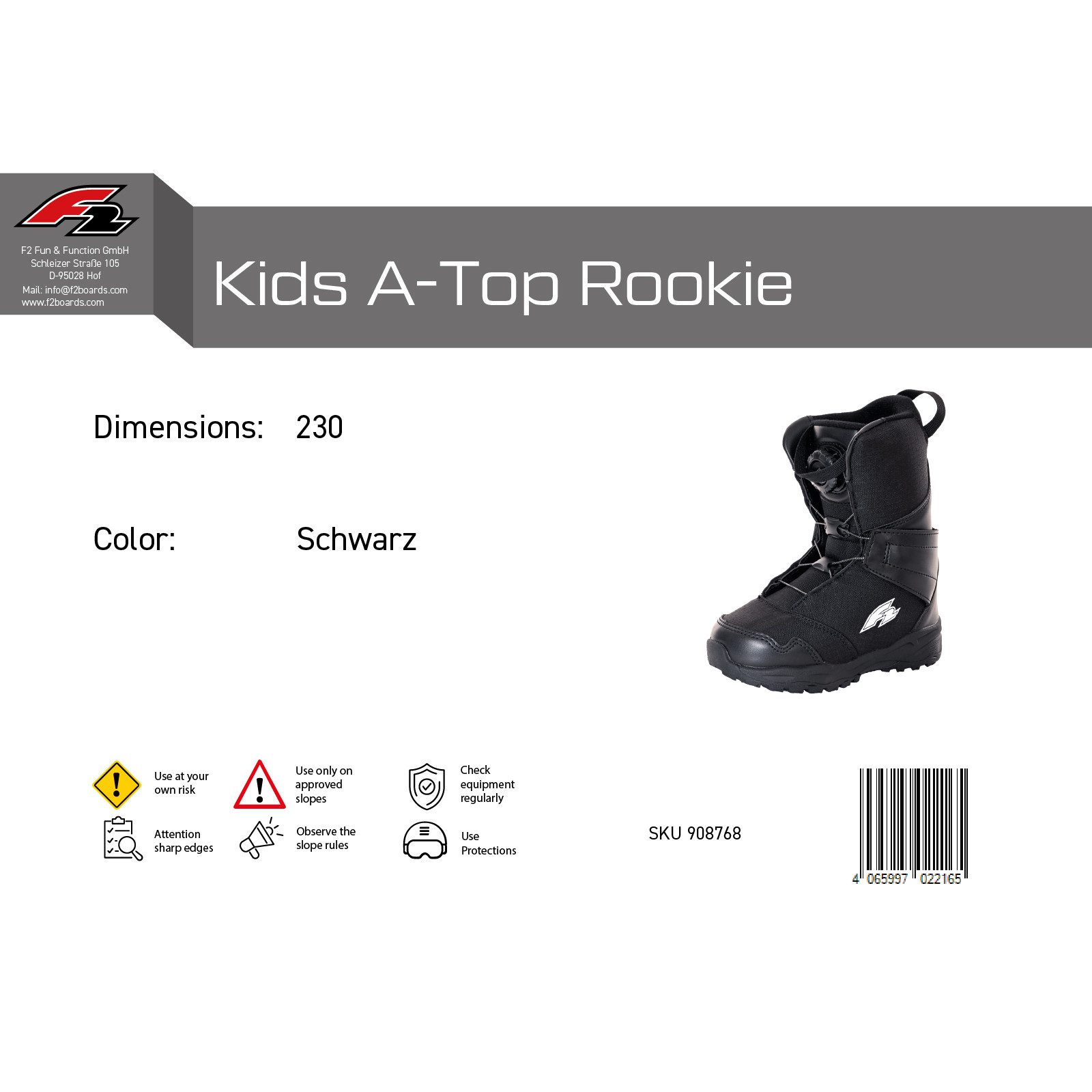 F2 F2 Junior Snowboard Boots Kids Atop - Rookie Größe wählbar Schwarz Snowboardboots