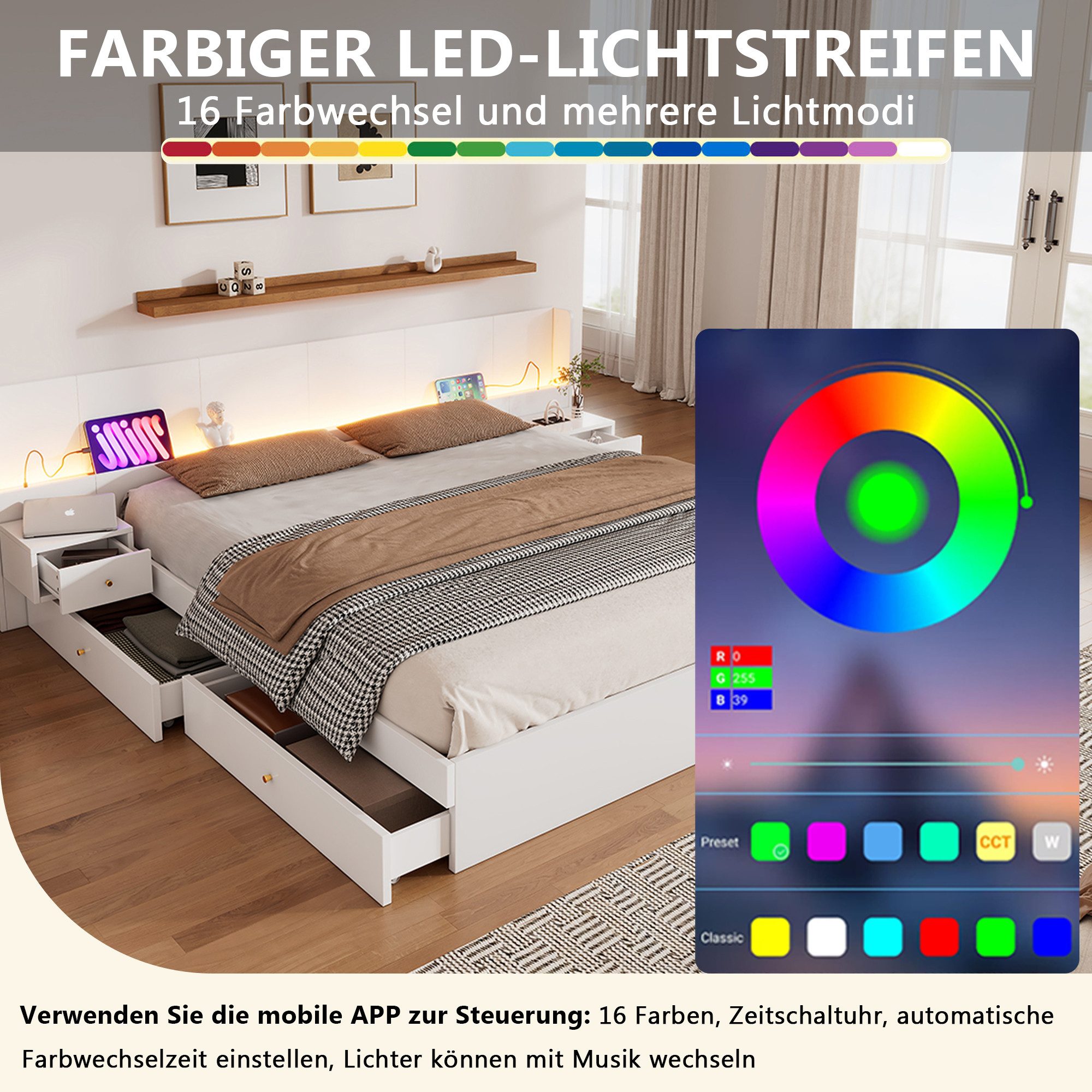 Flieks Holzbett, LED Doppelbett 180x200cm mit Aufladen 2 Nachttische und 2 Schubladen