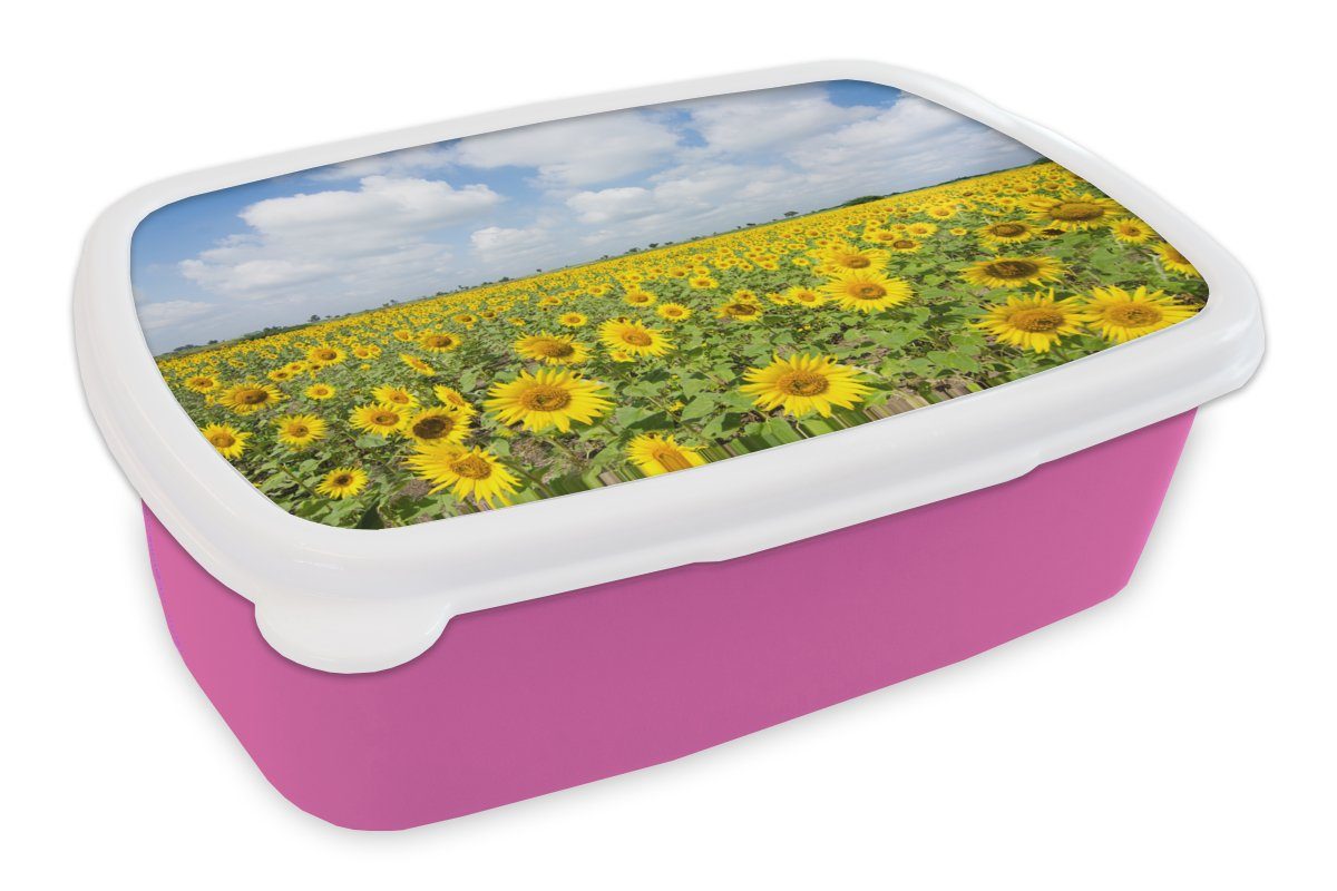 MuchoWow Lunchbox Sonnenblumen - Blumen - Wolken - Natur - Gelb - Landschaft, Kunststoff, (2-tlg), Brotbox für Erwachsene, Brotdose Kinder, Snackbox, Mädchen, Kunststoff rosa