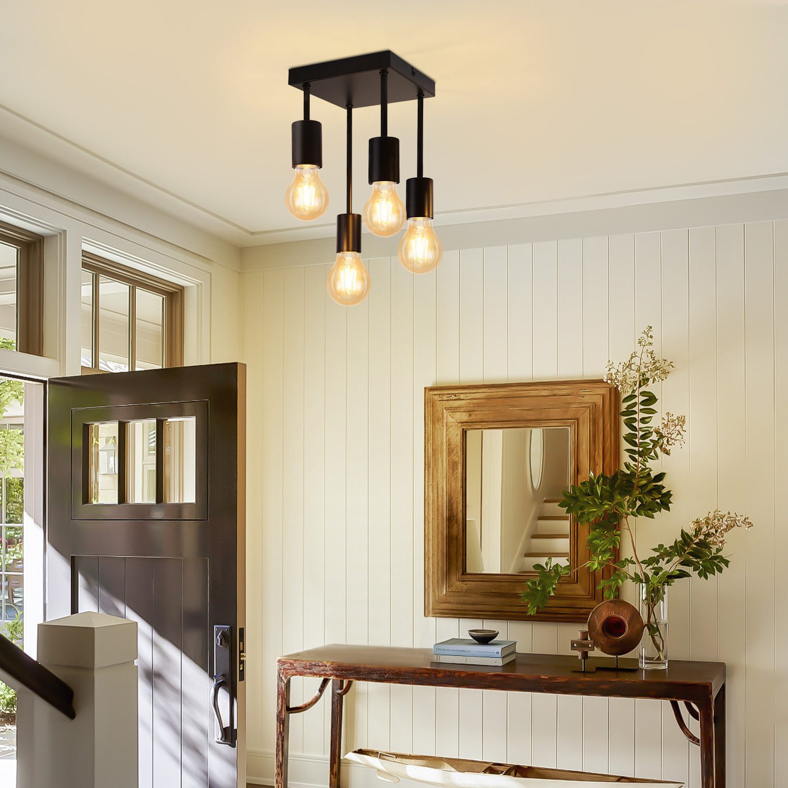 Nettlife Deckenleuchte Hängend 4 Flammig Deckenspots Vintage Schwarz E27 Küchenlampe, LED wechselbar, für küche Flur Schlafzimmer Wohnzimmer Bar