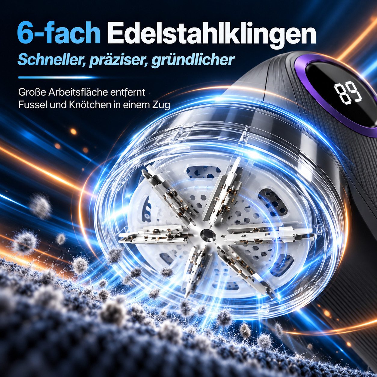 Luckice Fusselroller Fusselentferner mit digitaler Anzeige, inkl. 4 Ersatzklingenköpfe, 6‑fach‑Klingenkopf mit großer Fläche, schonende Waben‑Schutzfolie – Bild 3 von 5