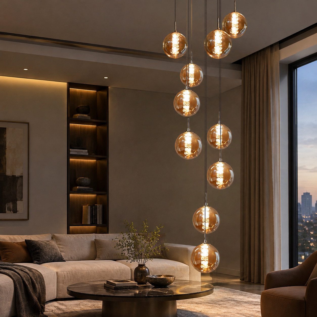 Nettlife Pendelleuchte Glas Modern 1/3/4/6/10/15 Flammig,Bernstein,Esstischlampe G9, LED wechselbar, Warmweiß, Hängelampe für Esstisch, Schlafzimmer, Esszimmer, Bar