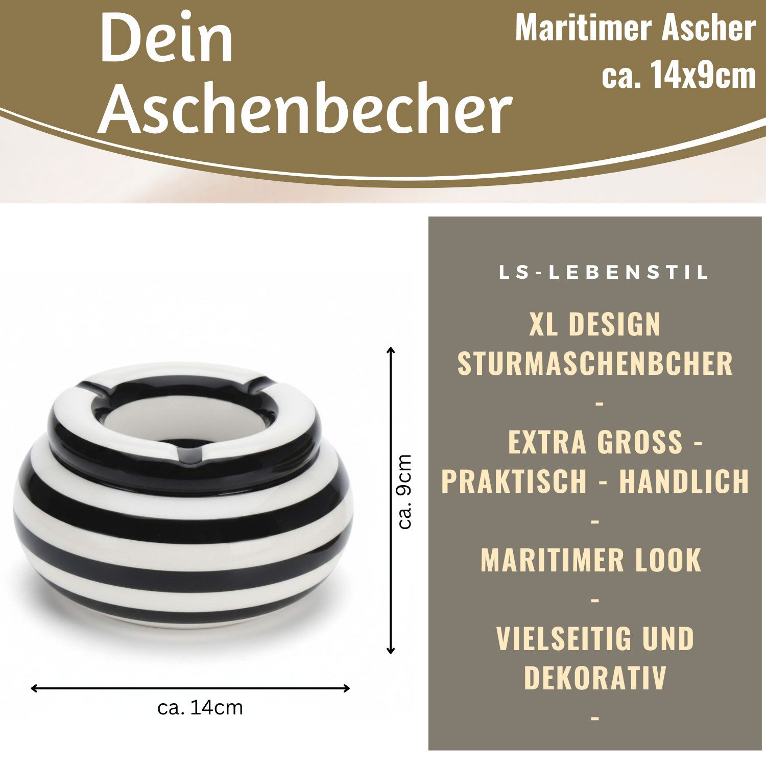 LS-LebenStil Aschenbecher XL Sturmaschenbecher 14x9cm Schwarz Weiß Windaschenbecher, Windaschenbecher Ashtray Tischaschenbecher Garten Balkon Deko