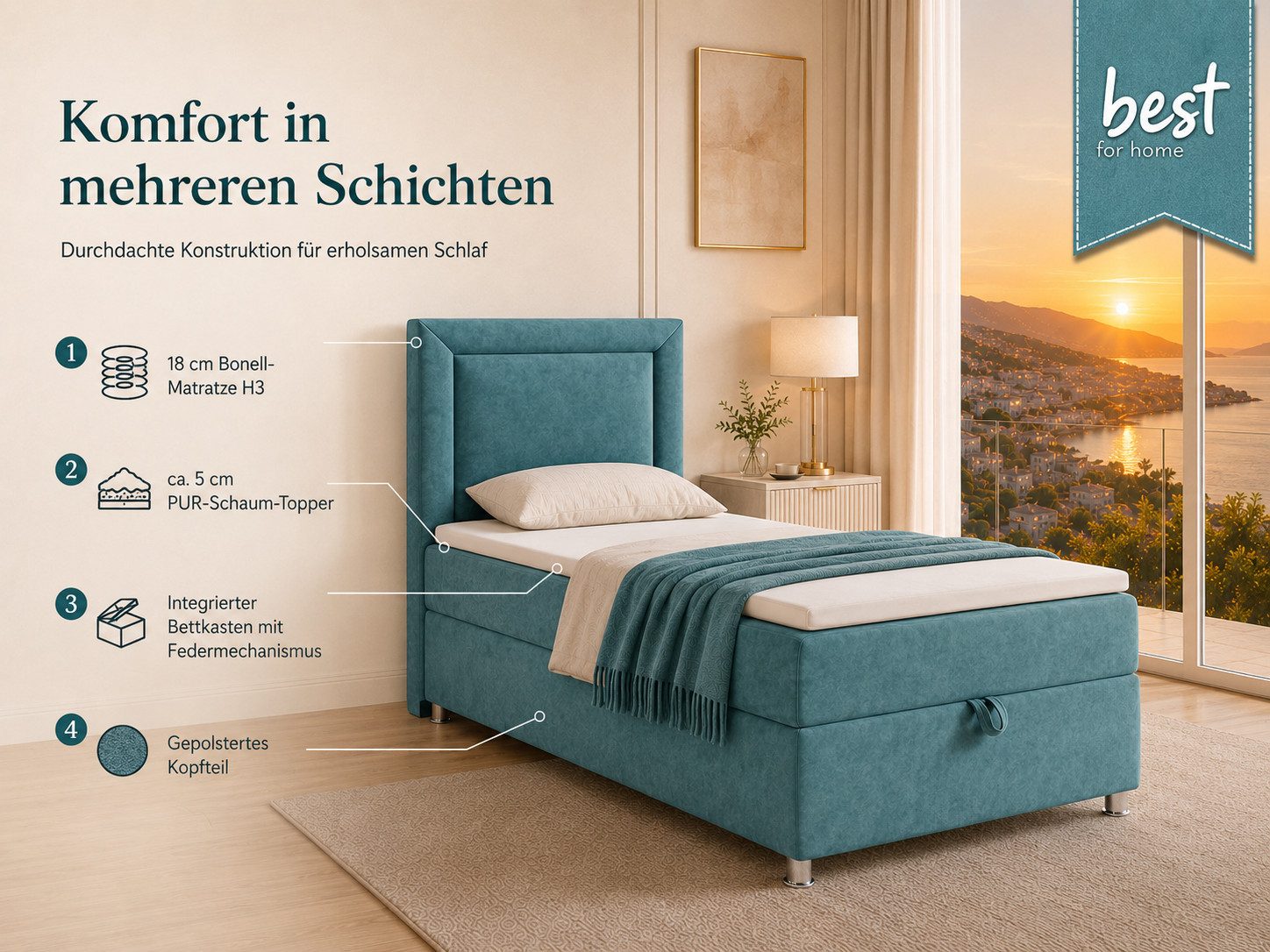 Best for Home Boxspringbett Trinity K-3 SINGLE mit Bettkasten & ca. 5 cm Topper (Einzelbett, Polsterbett mit gepolstertes Kopfteil, Jugendbett, Kinderbett versch. Größen, 3-St., 70x200 80x200 90x200 100x200 cm), Einzel-Boxspringbett mit integriertem Bettkasten