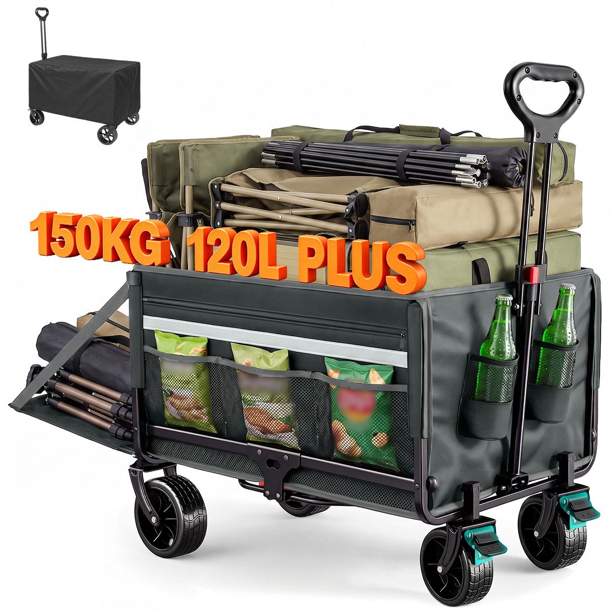 HOMECALL Bollerwagen Gartenwagen bis 150kg Handwagen Strandwagen Klappbar Transportwagen (Inkl. Regenabdeckung! Kapazität erweiterbar durch 2 Aufbewahrungstaschen, 120L+ , Campingwagen mit Reflektorstreifen), Für Einkaufen, Camping, Garten, Dogs