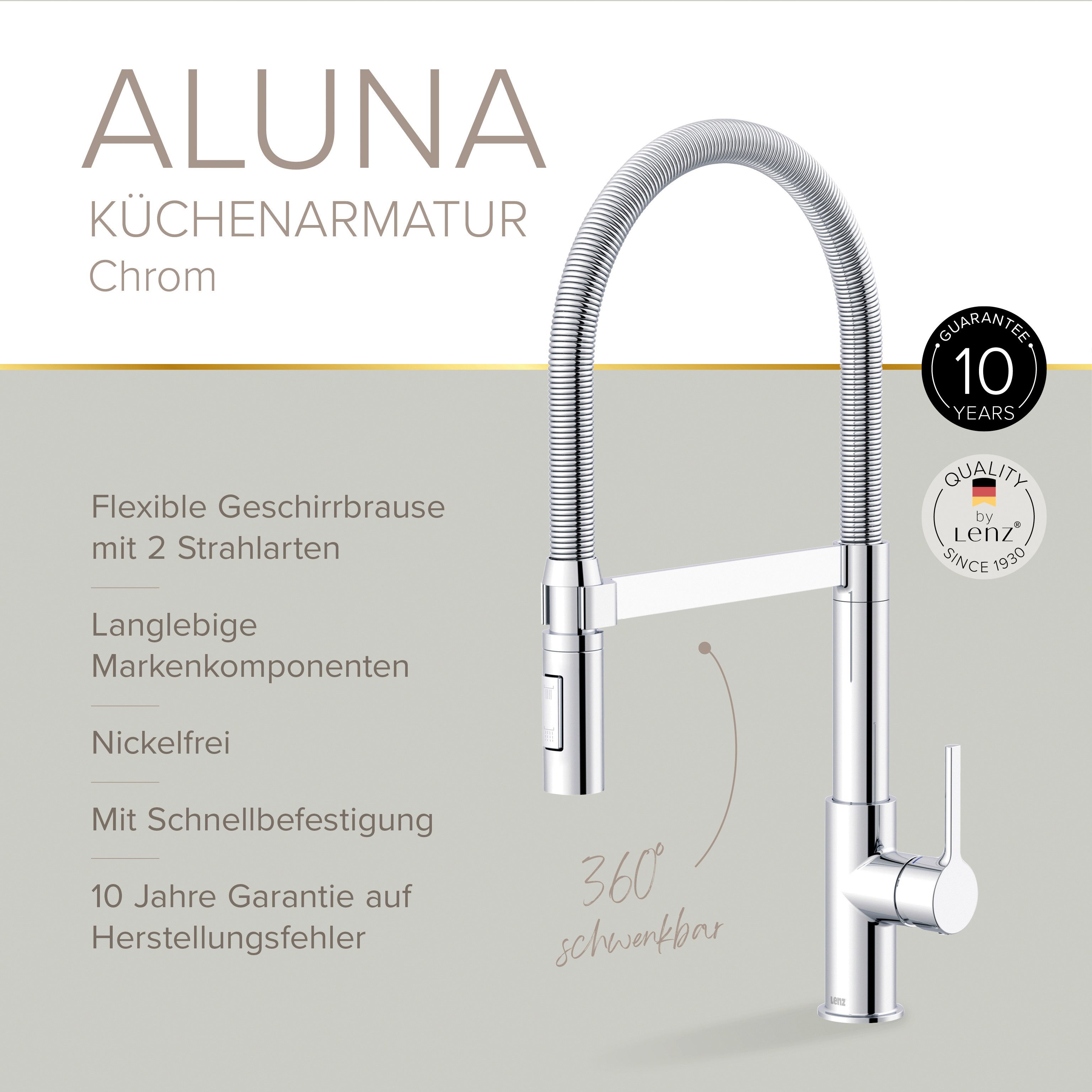 Lenz Küchenarmatur ALUNA mit Pendelbrause 2 Strahlarten Chrom schwenkbar, flexible Brause Flexible Pendelbrause mit 2 Strahlarten