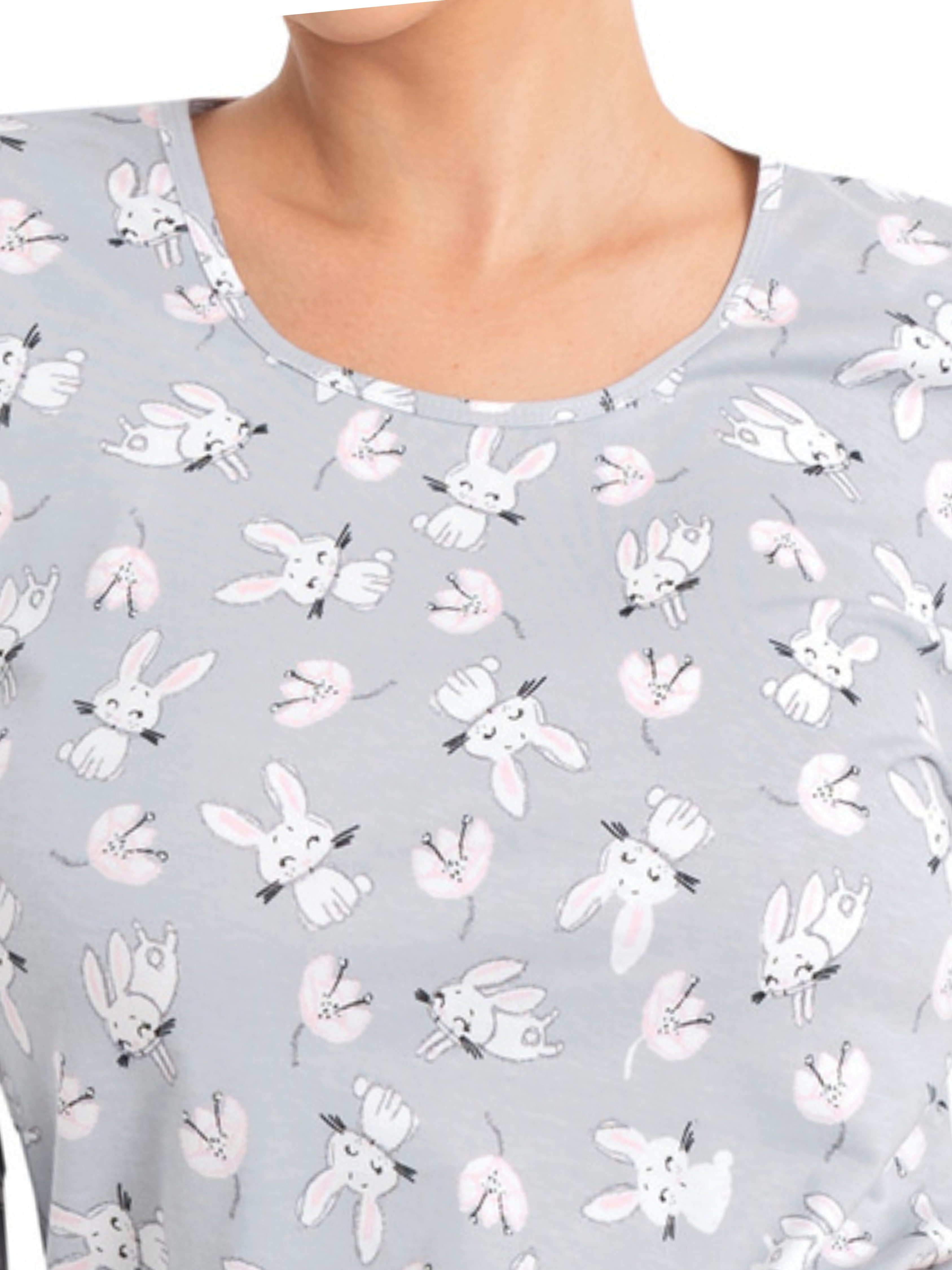Donna Pyjama Langarm Schlafanzug mit Bündchen mit Häschen-Motivdruck