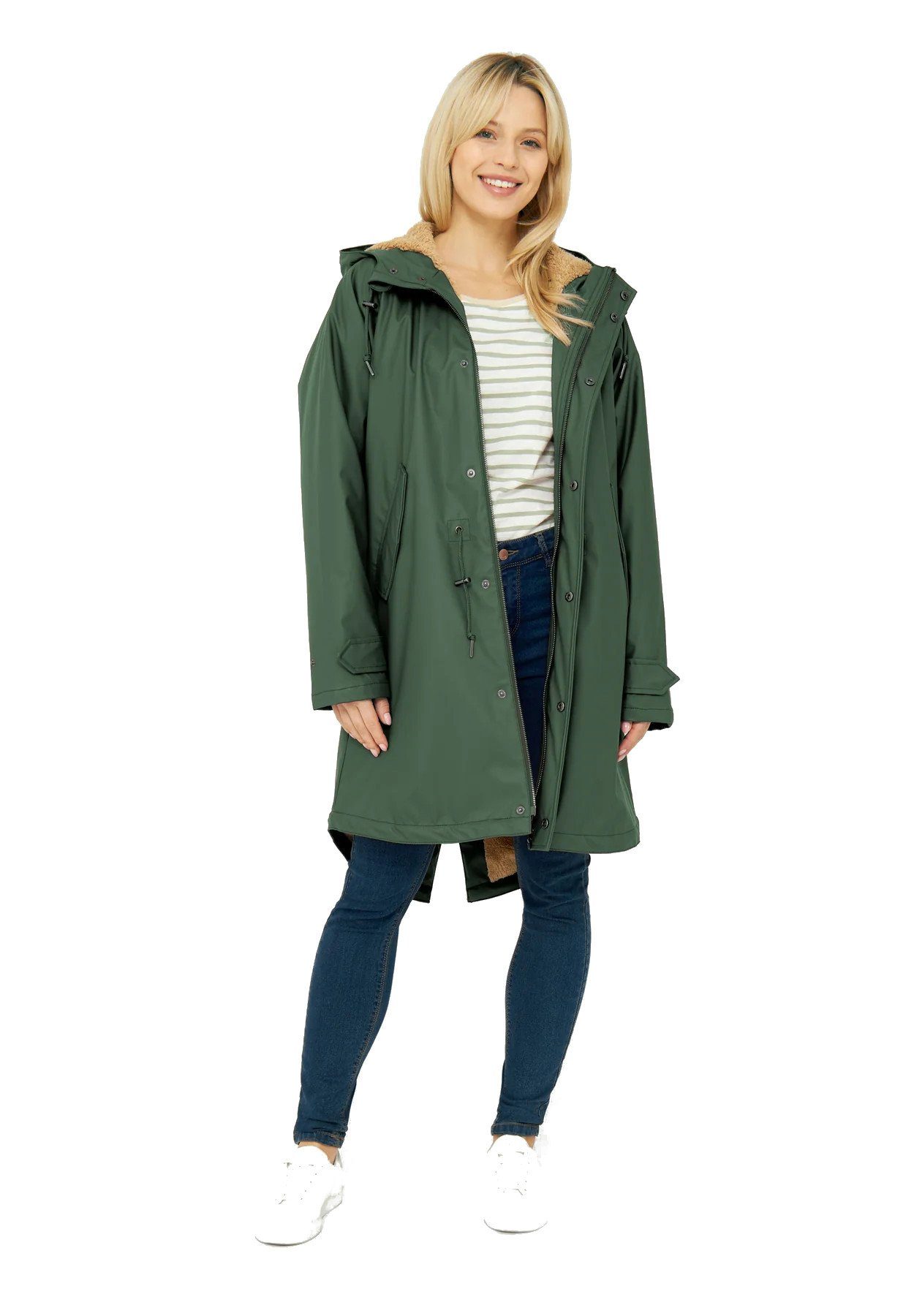 Derbe Regenjacke Damen Recycled Green/Caramel Kapuze Kombu "Friese Regenjacke gefüttert mit Tidaholm"