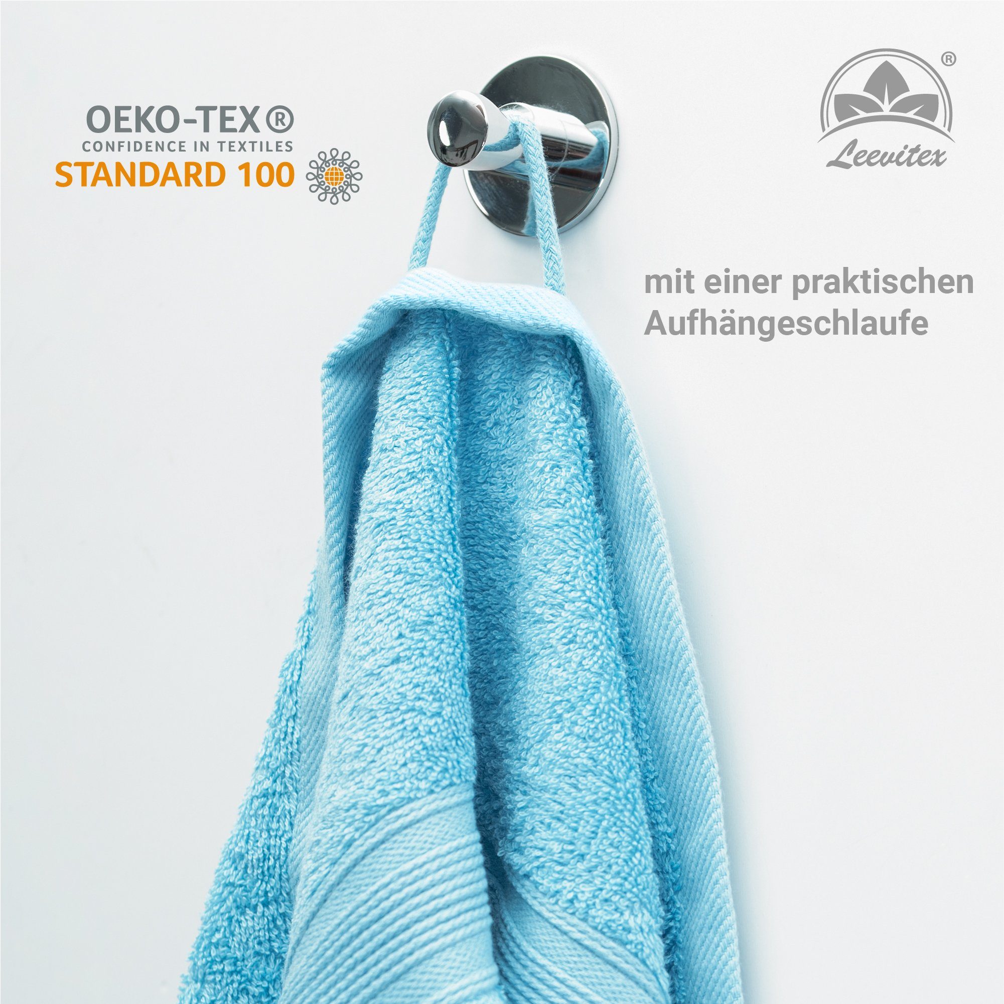 4er 100 leevitex® verarbeitet x Himmelblau Hellblau Handtuch fusselfrei / & cm, Frottee 50 hochwertig Set,