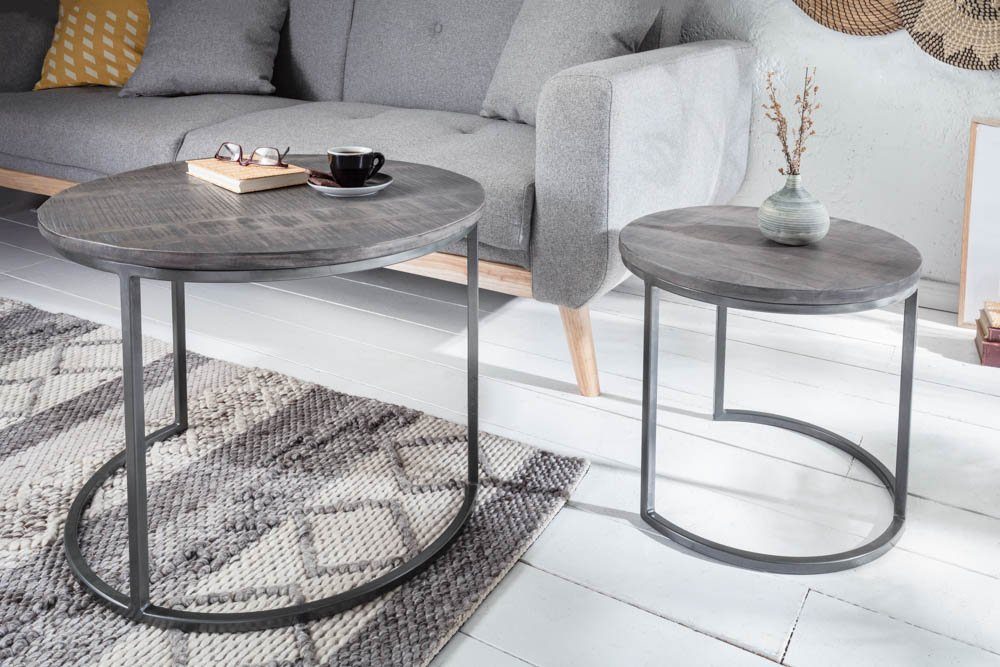 riess-ambiente Beistelltisch ELEMENTS Ø60cm grau / schwarz (Set, 2-St), Mango-Massivholz · Metall-Gestell · rund · Industrial Design