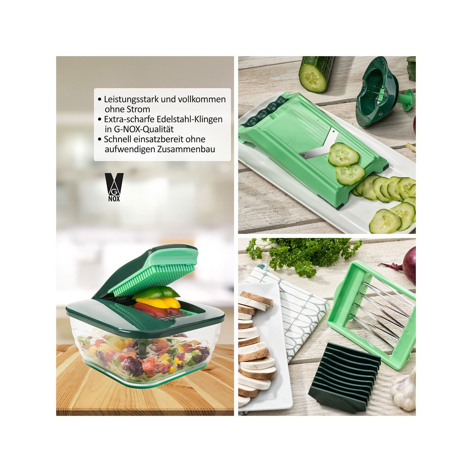 Genius Gemüseschneider Nicer Dicer Chef Deluxe 28-tlg. Set inkl. Glasschüssel, Weniger Kraftaufwand dank optimierter Hebelwirkung!