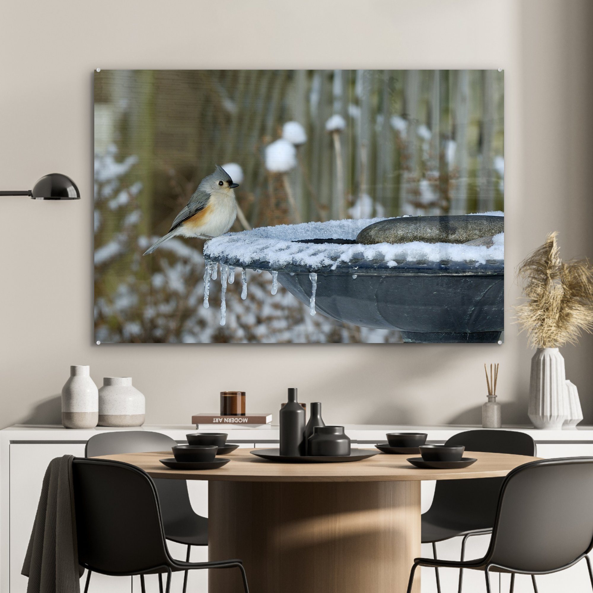 - Wohnzimmer Acrylglasbilder Winter & (1 Acrylglasbild - Meise, St), Schlafzimmer Vogeltränke MuchoWow