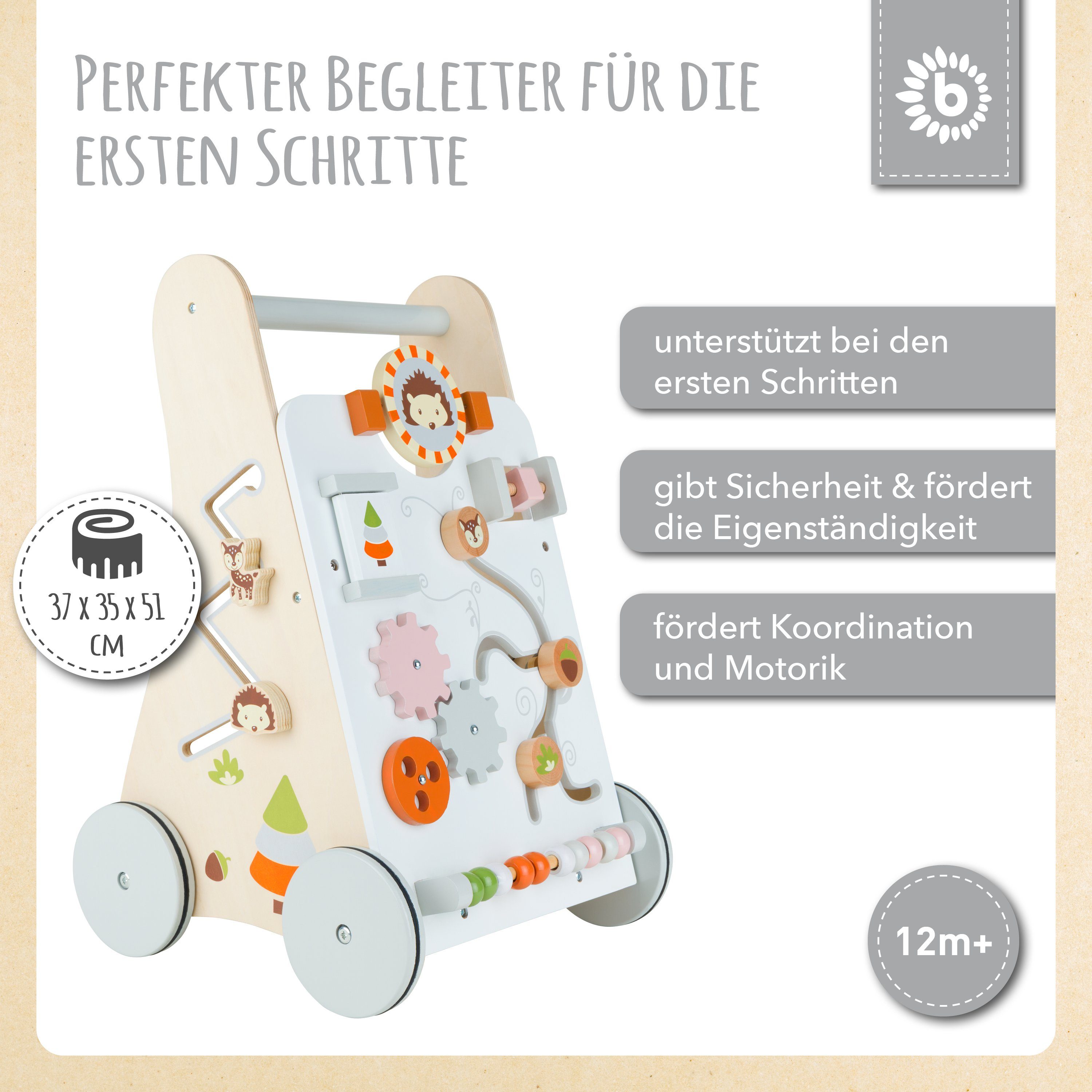 BIECO Lauflernhilfe Bieco Lauflernwagen Holz ab 1 Jahr Multifunktionale Baby Lauflernhilfe Laufwagen für Babys zur Förderung der Motorik Baby Gehhilfe mit Gummibereifung Activity Lauflernhilfe für Babys