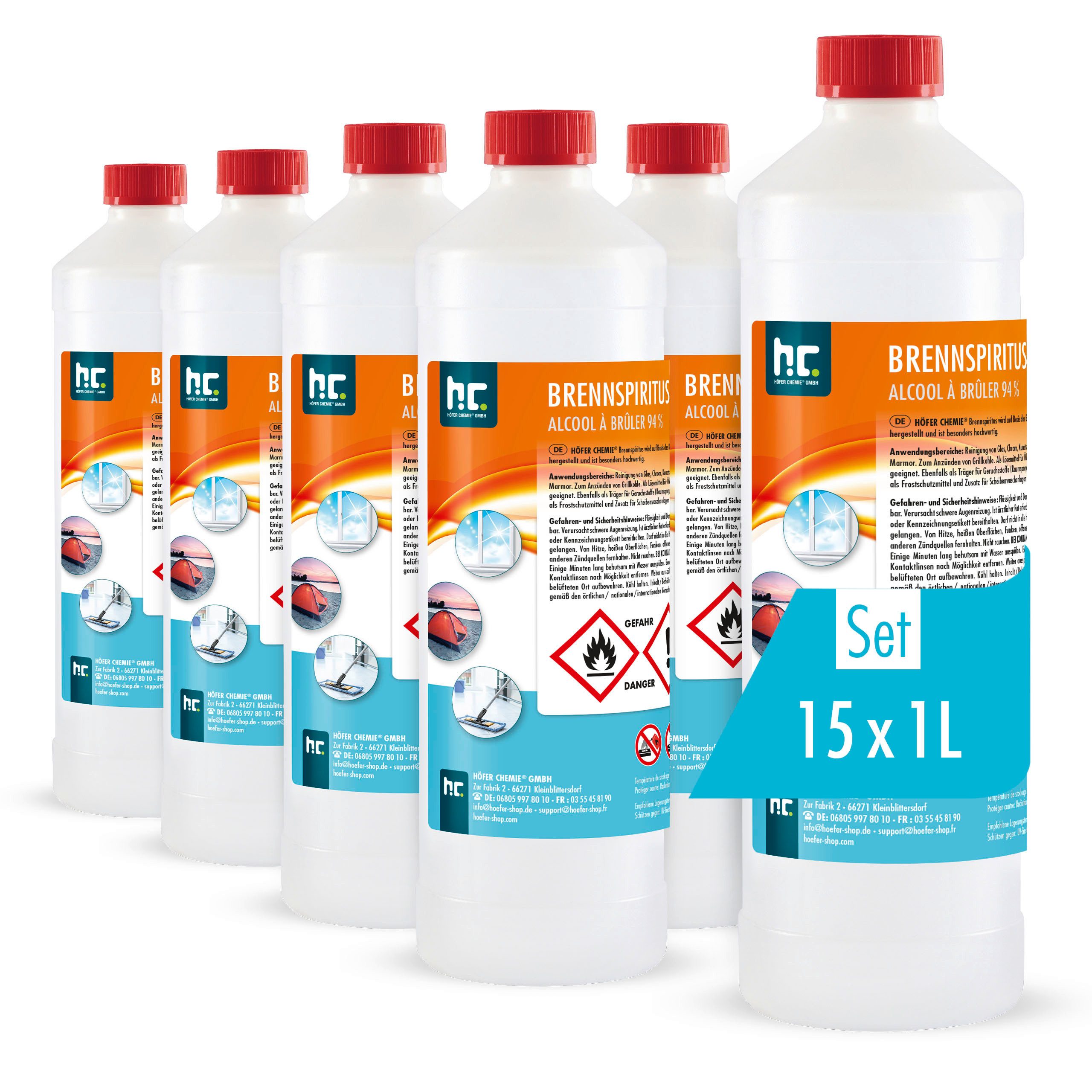 Höfer Chemie GmbH 15x 1 L Brennspiritus 94% Grundreiniger (Hochwertiger Brennstoff für Kocher, Fondue oder Grill)