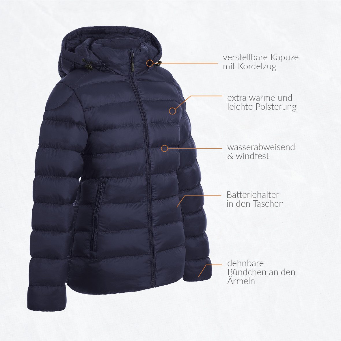 30seven Steppjacke beheizte Steppjacke mit verstellbarer Kapuze - Marineblau 7,4V Set inkl. Powerbank & Ladegerät