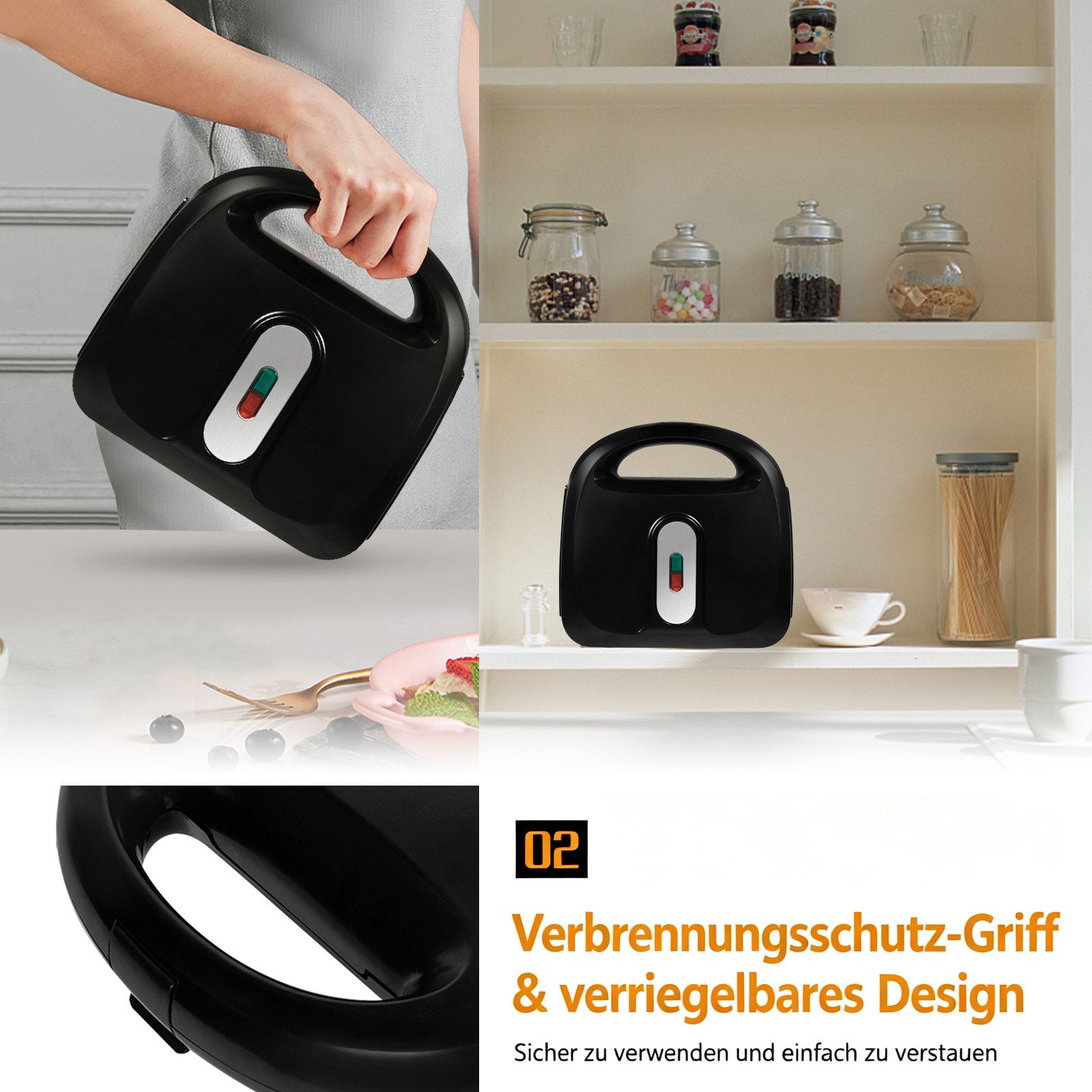 OZAVO 3-in-1-Sandwichmaker Sandwichtoaster, Waffeleisen,Kontaktgrill 23*23cm, 750 W, Antihaftbeschichtete abnehmbare Platten