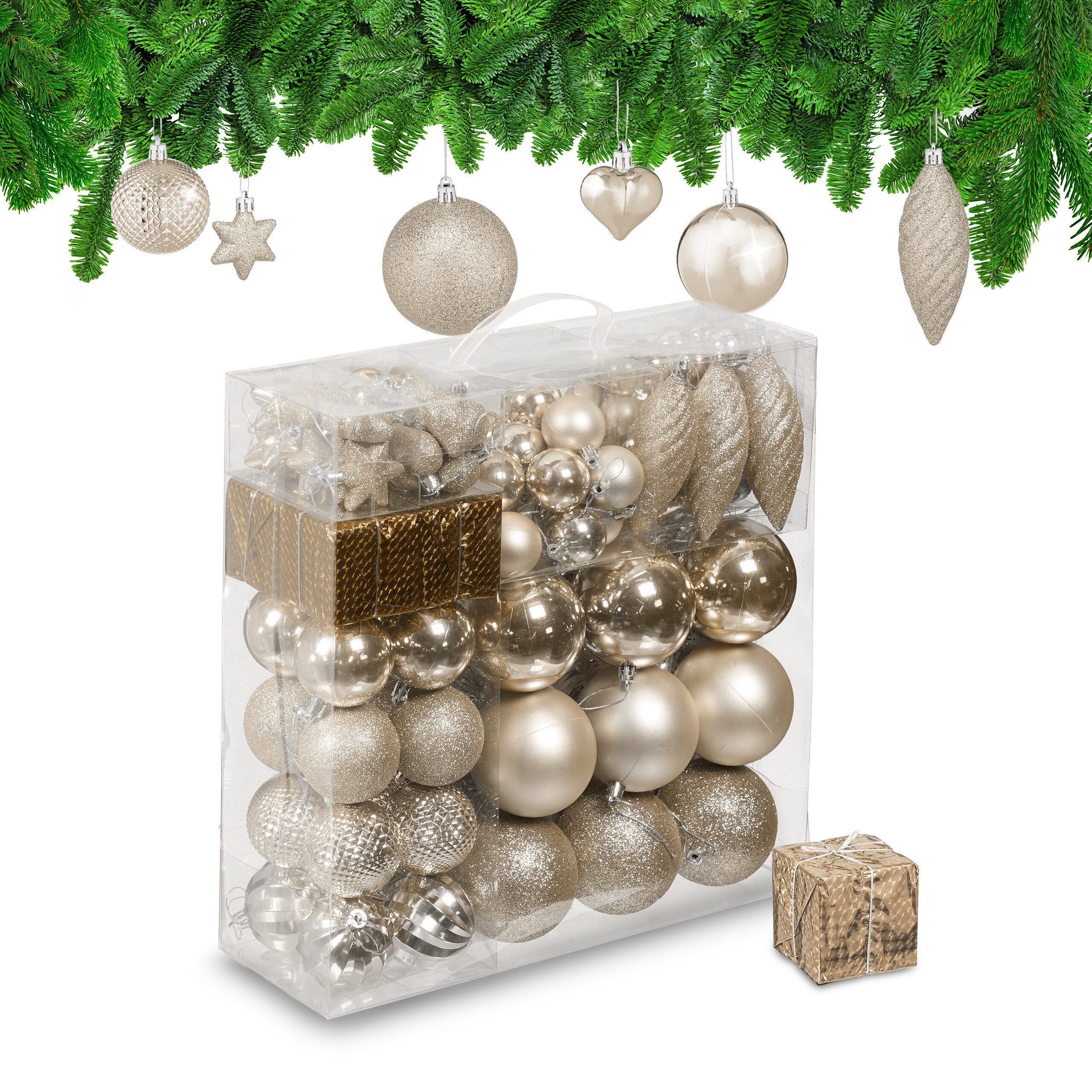 relaxdays Weihnachtsbaumkugel Weihnachtskugeln im 110er Set (110 St), Champagner
