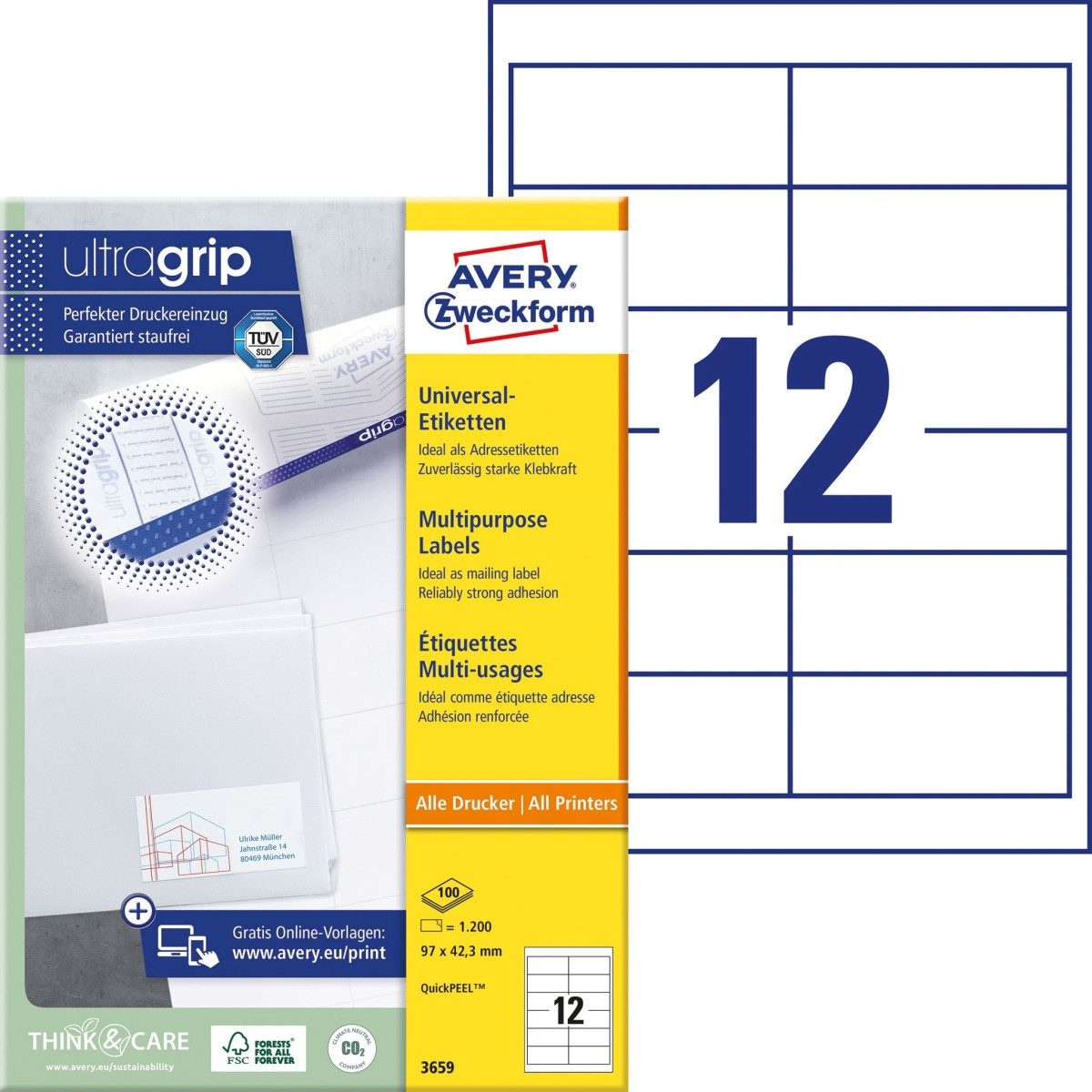 Avery Zweckform Etiketten Universal-Etiketten ultragrip 97x42,3 mm VE=1.200 Etiketten / 100 Boge