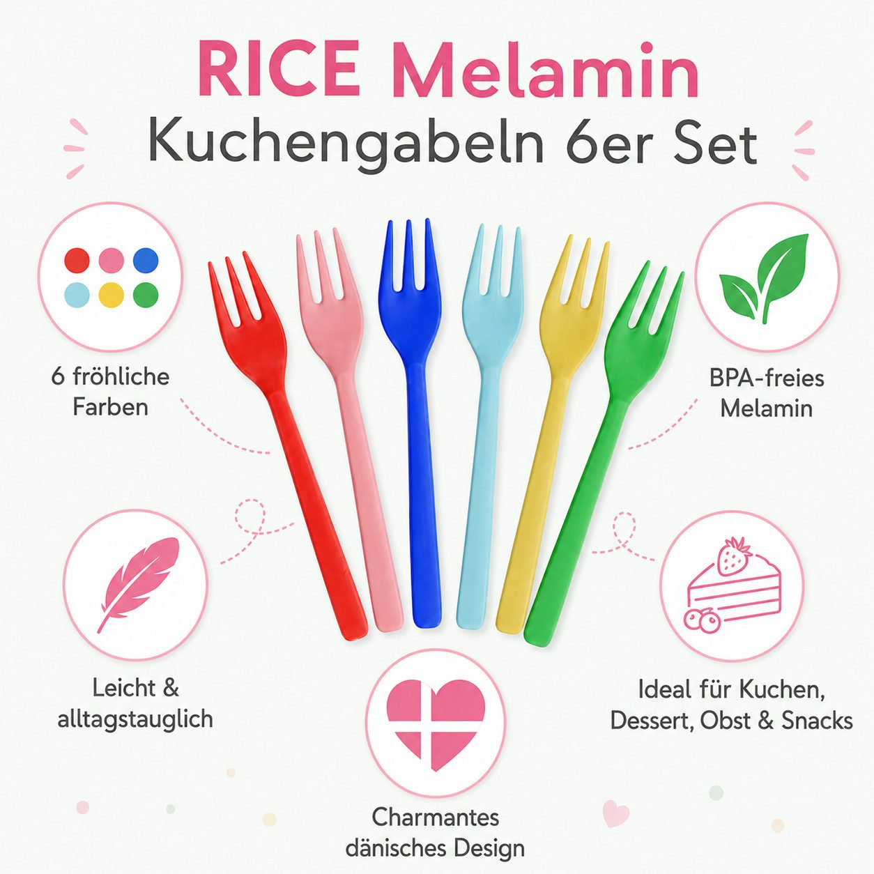 rice Kuchengabel RICE Teelöffel 6er Set Melamin bunt BPA-frei (6 Stück)