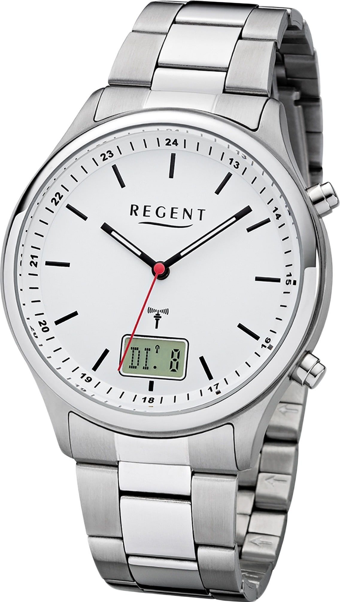 Regent Funkuhr Regent Metall Herren Uhr BA-448, Herrenuhr Metallarmband silber, rundes Gehäuse, groß (ca. 40mm)
