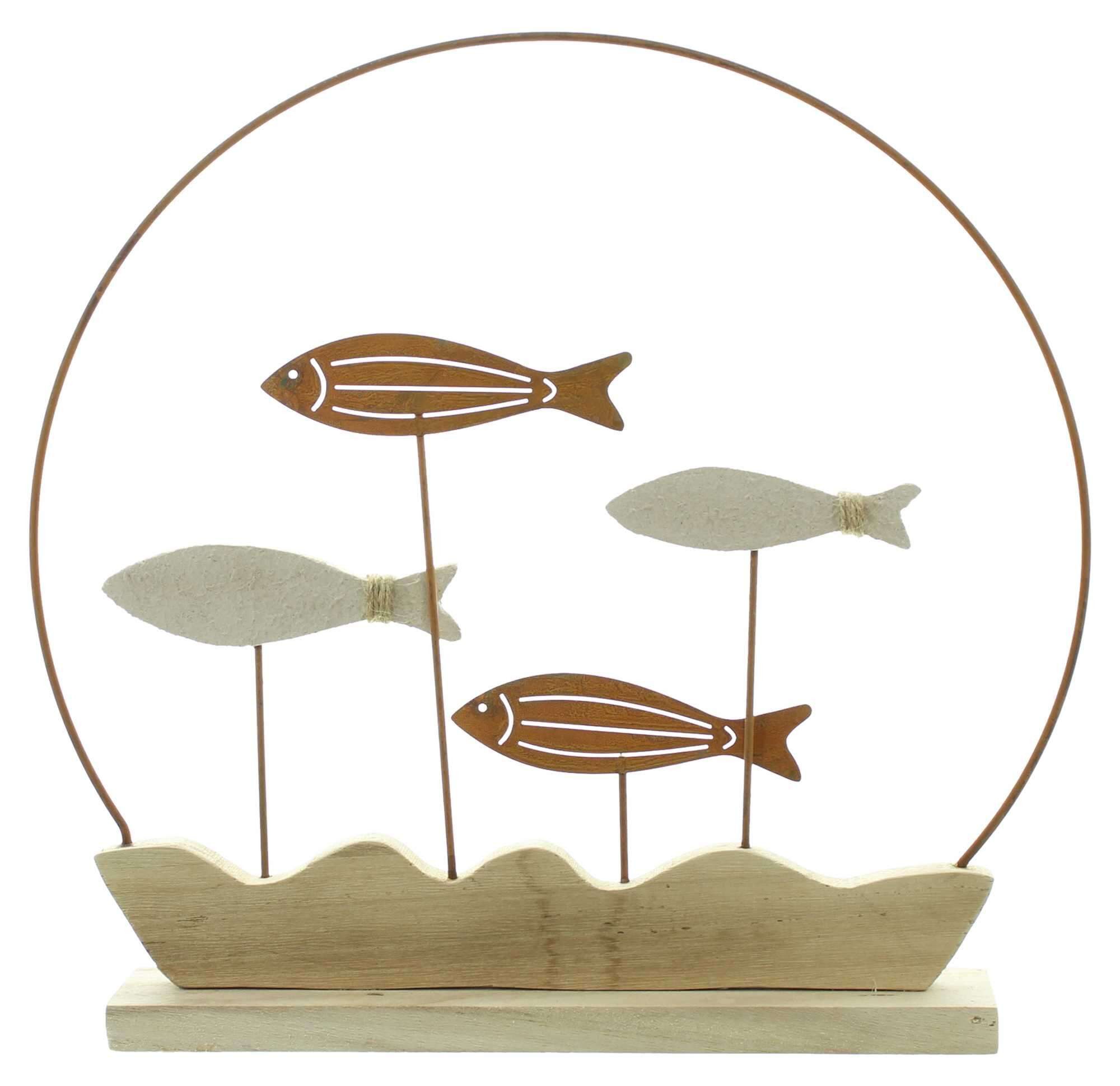 Dekoleidenschaft Dekofigur Dekoring "Fischschwarm" aus Metall in Rost-Optik & Holz, Metallring, maritime Deko mit Fuß zum hinstellen, Dekokranz
