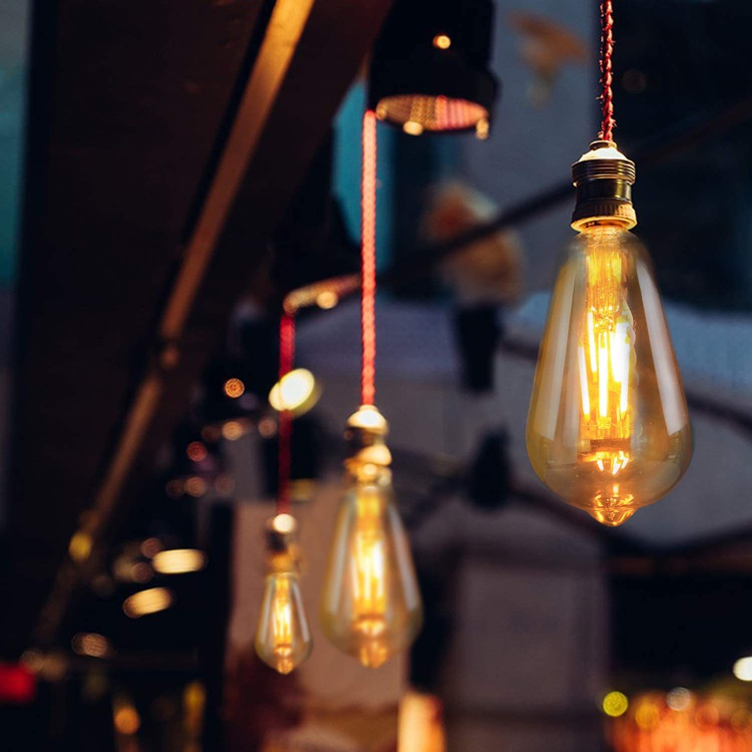 ZMH LED-Leuchtmittel LED Edison Glühbirne E27 Vintage Glühlampe Dekorativ ST64 Antike Bulb, E27, 6 St., Warmweiß, transparente/Bernsteinglas Vintage Tropfenmust – Bild 4 von 5