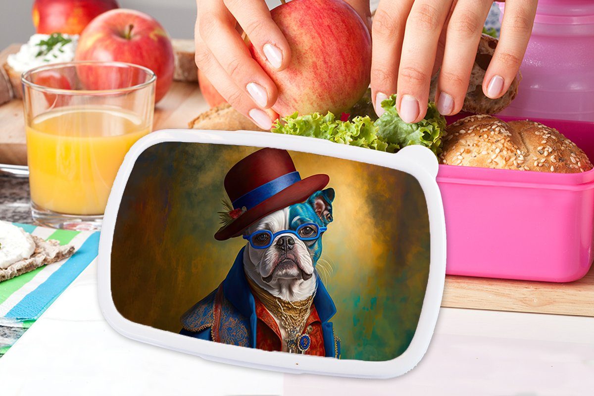 MuchoWow Lunchbox Hund rosa Kleidung Snackbox, Kunststoff Erwachsene, Brotbox - Mädchen, Hut Porträt Brotdose - Abstrakt, Kunststoff, - (2-tlg), - für Kinder