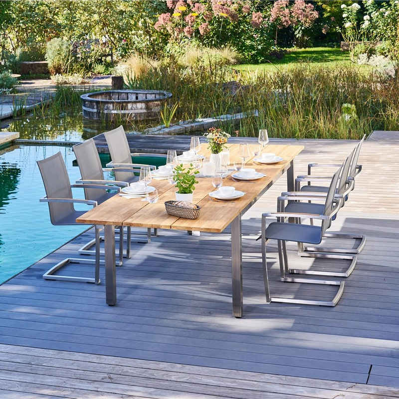 CASA DOMA Garten-Essgruppe Mineo/Varano, (Gartenmöbel-Set, 7-tlg., Ausziehtisch mit 6 Gartenstühlen), Edelstahl gebürstet, Textilgewebe Sunproof® Sling, Teak