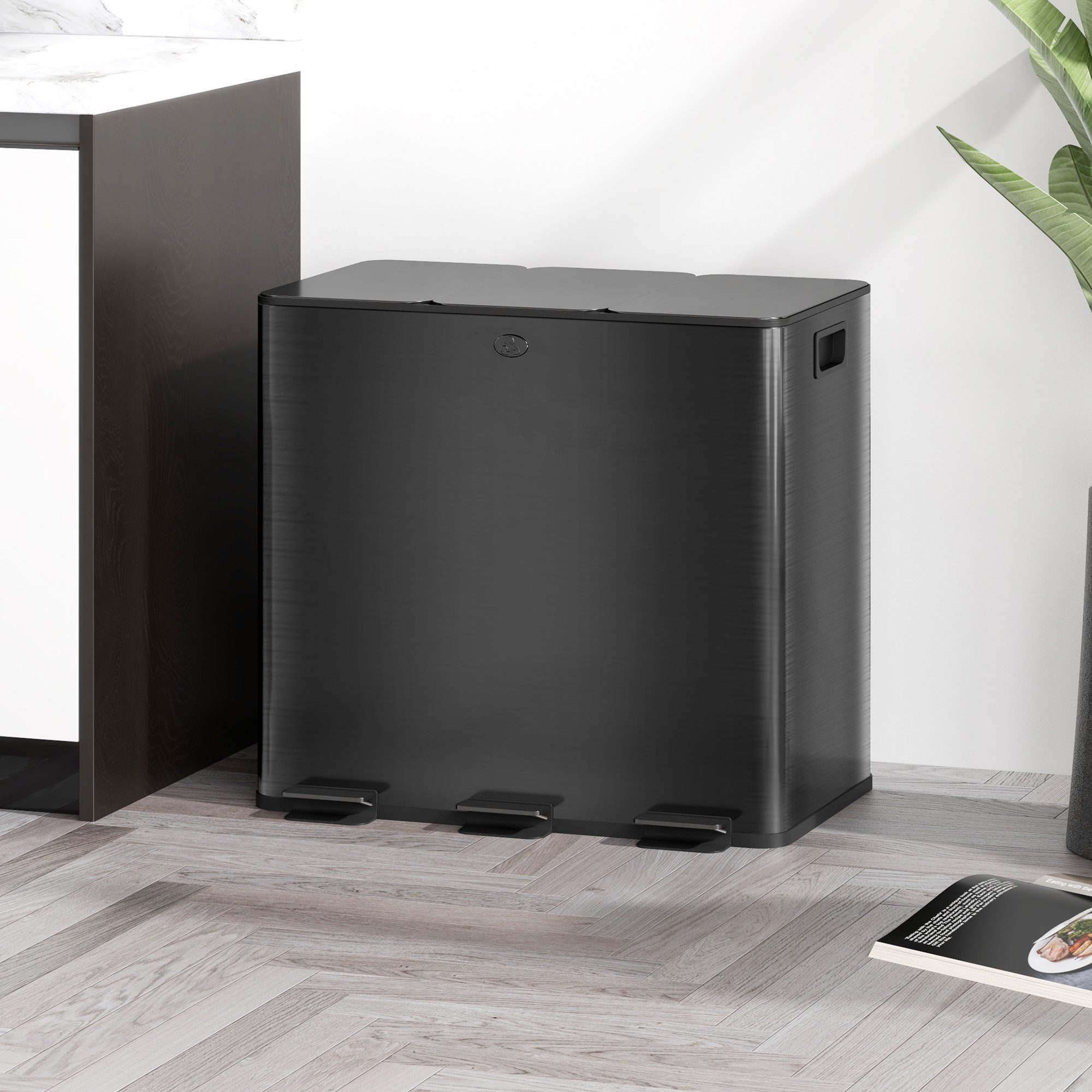 HOMCOM Mülltrennsystem Soft-Close, herausnehmbar, Deodorant-Deckel, Edelstahl, Schwarz