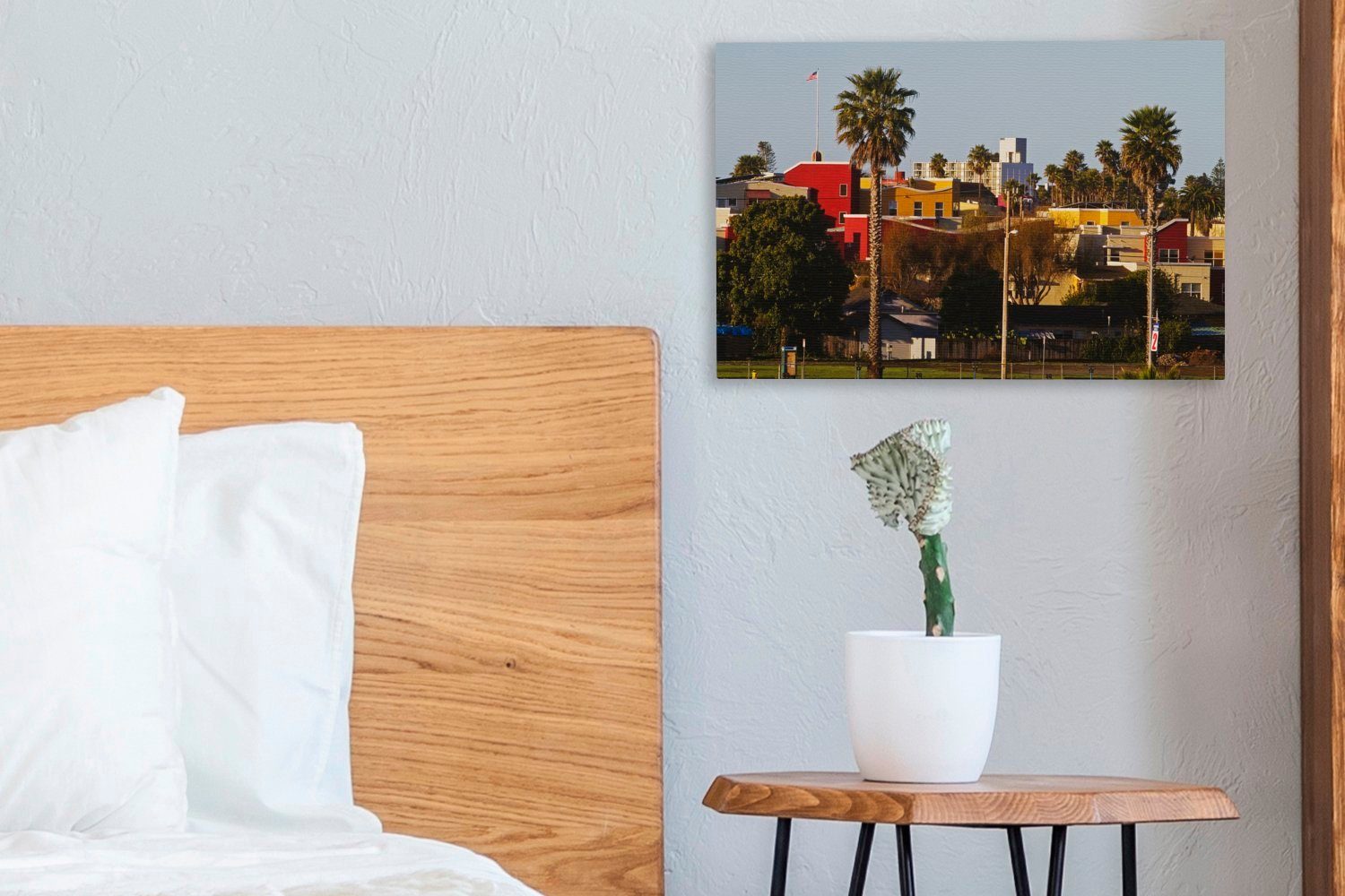 Wandbild 30x20 Aufhängefertig, Leinwandbilder, OneMillionCanvasses® Santa Bunte (1 Palmen Cruz, cm St), Häuser Leinwandbild Wanddeko, und Kalifornien, in