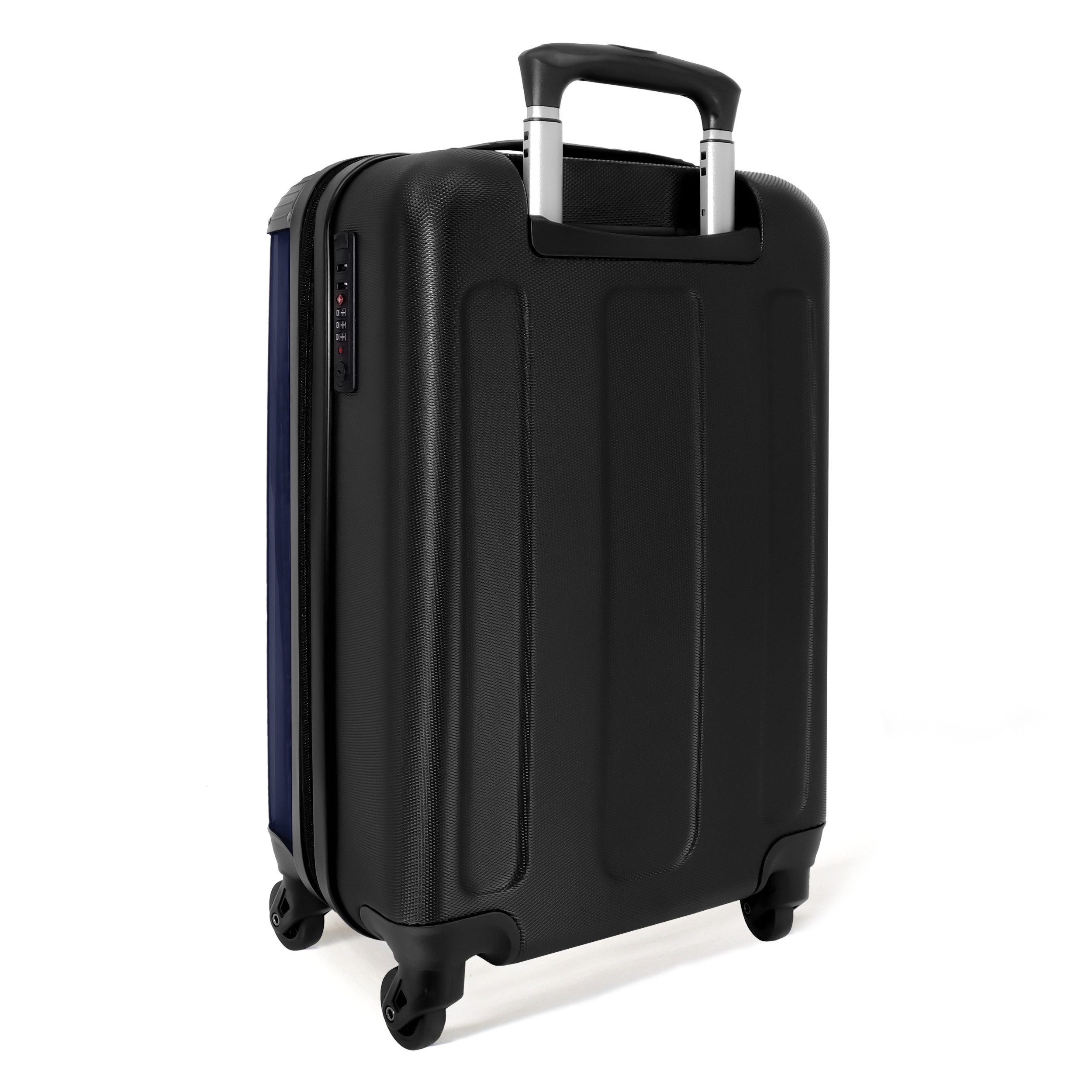 NoBoringSuitcases.com© Hartschalen-Trolley Dunkelblauer Hintergrund mit rotem und weißem Streifen und Text Taking, Reisekoffer mit 4 Rollen, Carry on luggage, M – Bild 3 von 5