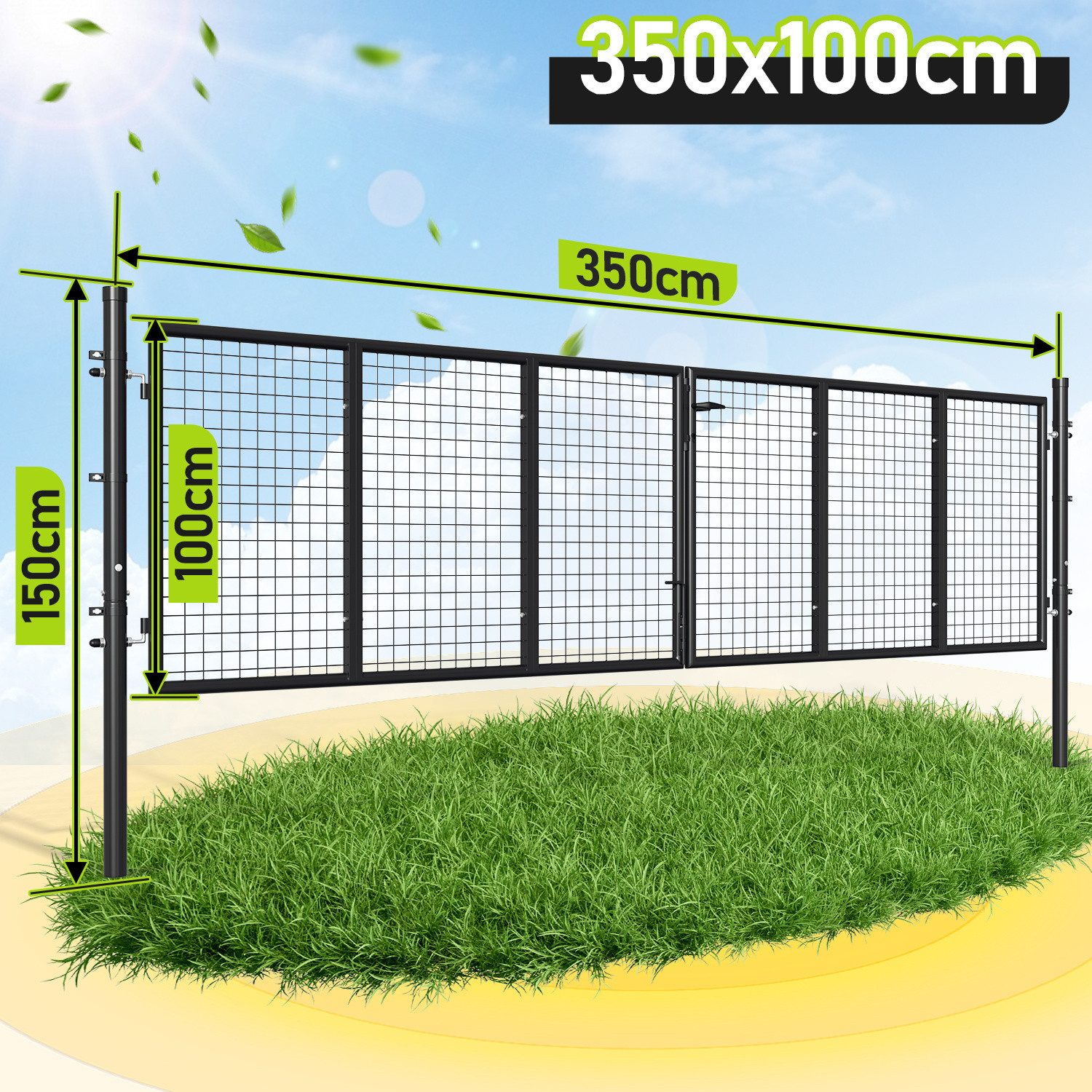 Clanmacy Gartentor 350x100cm Doppelflügelig Gartentor Gartentür Metall Zauntür Zauntor, mit Schloss, Türklinke und Schlüssel