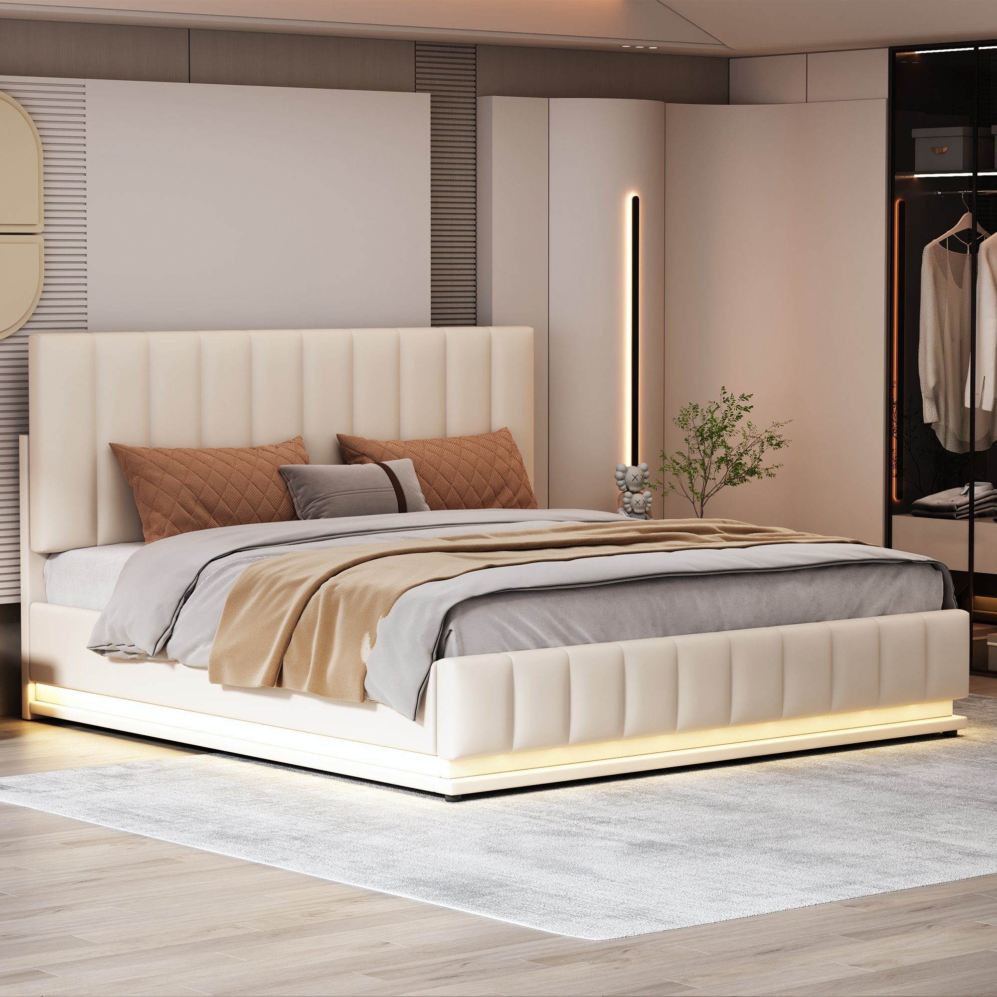 Boxspringbett (LED Hydraulisches Bett mit Bettkasten und Lattenrost), Polsterbett Stauraumbett 160x200 cm, Kunstleder