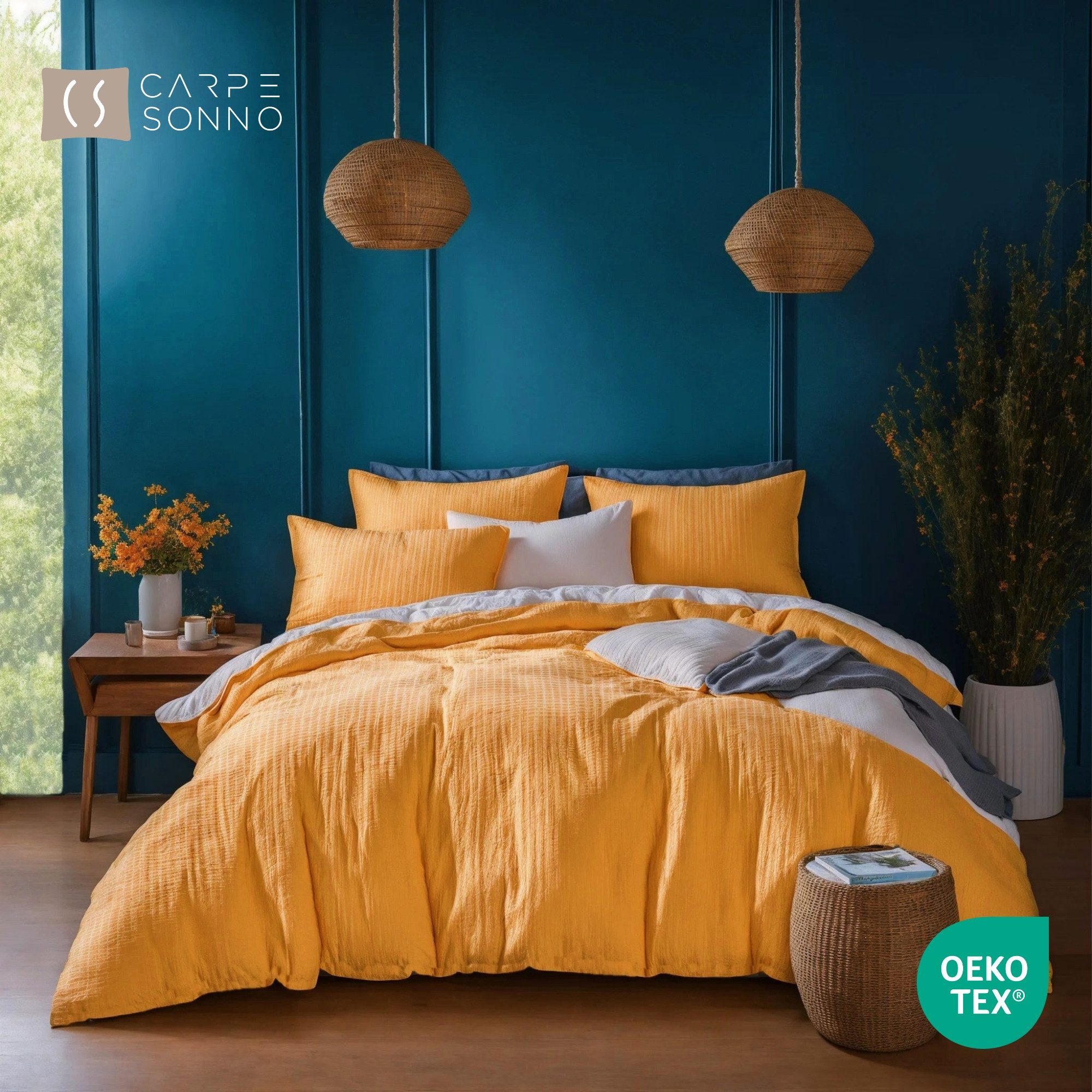 Carpe Sonno Bettwäsche Seersucker 135 x 200 155 x 220 Bügelfrei Sommer Uni 100% Baumwolle, Seersucker, 2 teilig, Leicht kühlender Bettbezug Reißverschluss & OEKO-TEX Orange 135x200