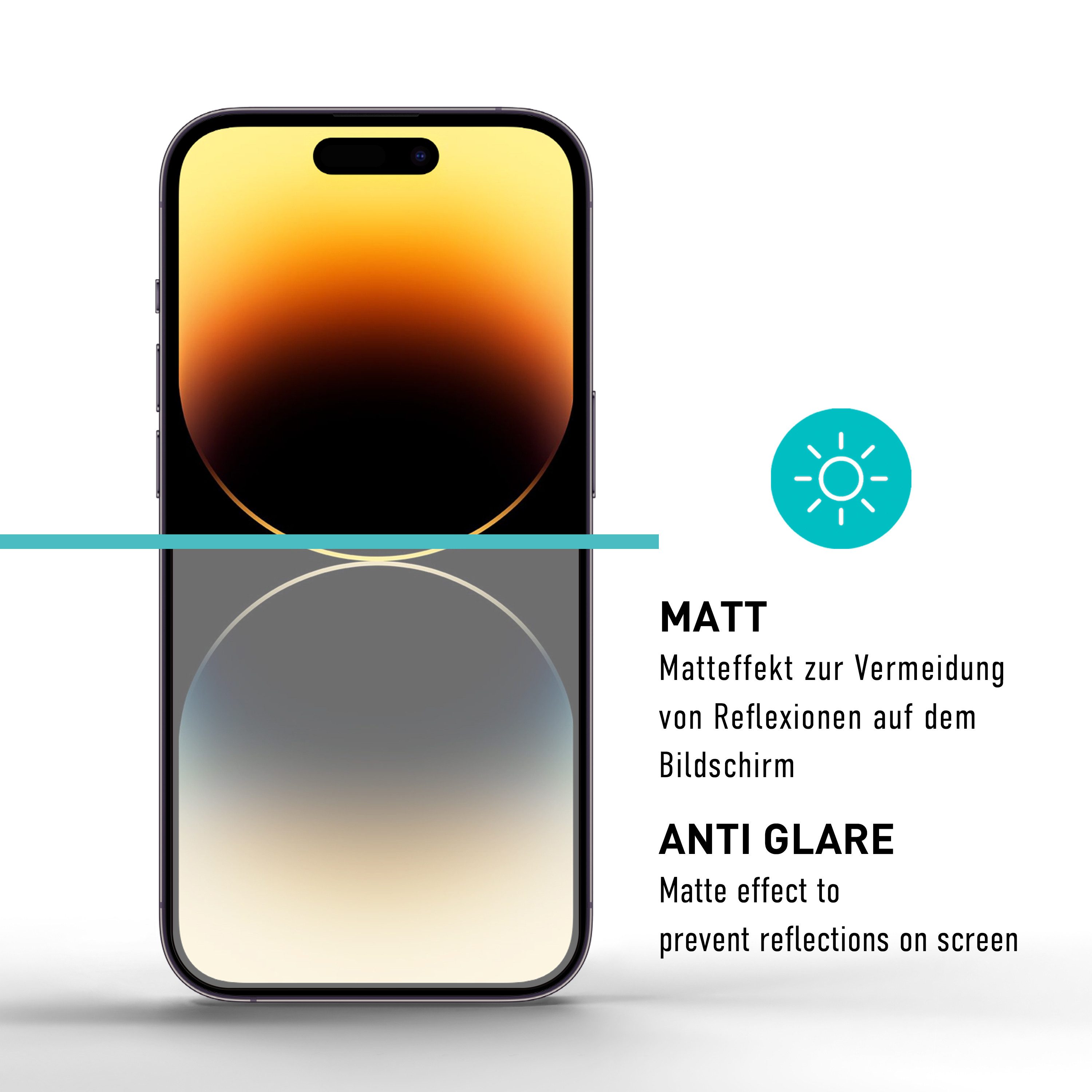 smartect Displayschutzglas Schutzglas Full Screen Matt für iPhone 14 Pro, 2 Stück für Apple iPhone 14 Pro, 2 Stück, Anti-Fingerabdruck, 9H Härte, Blasenfreie Installation