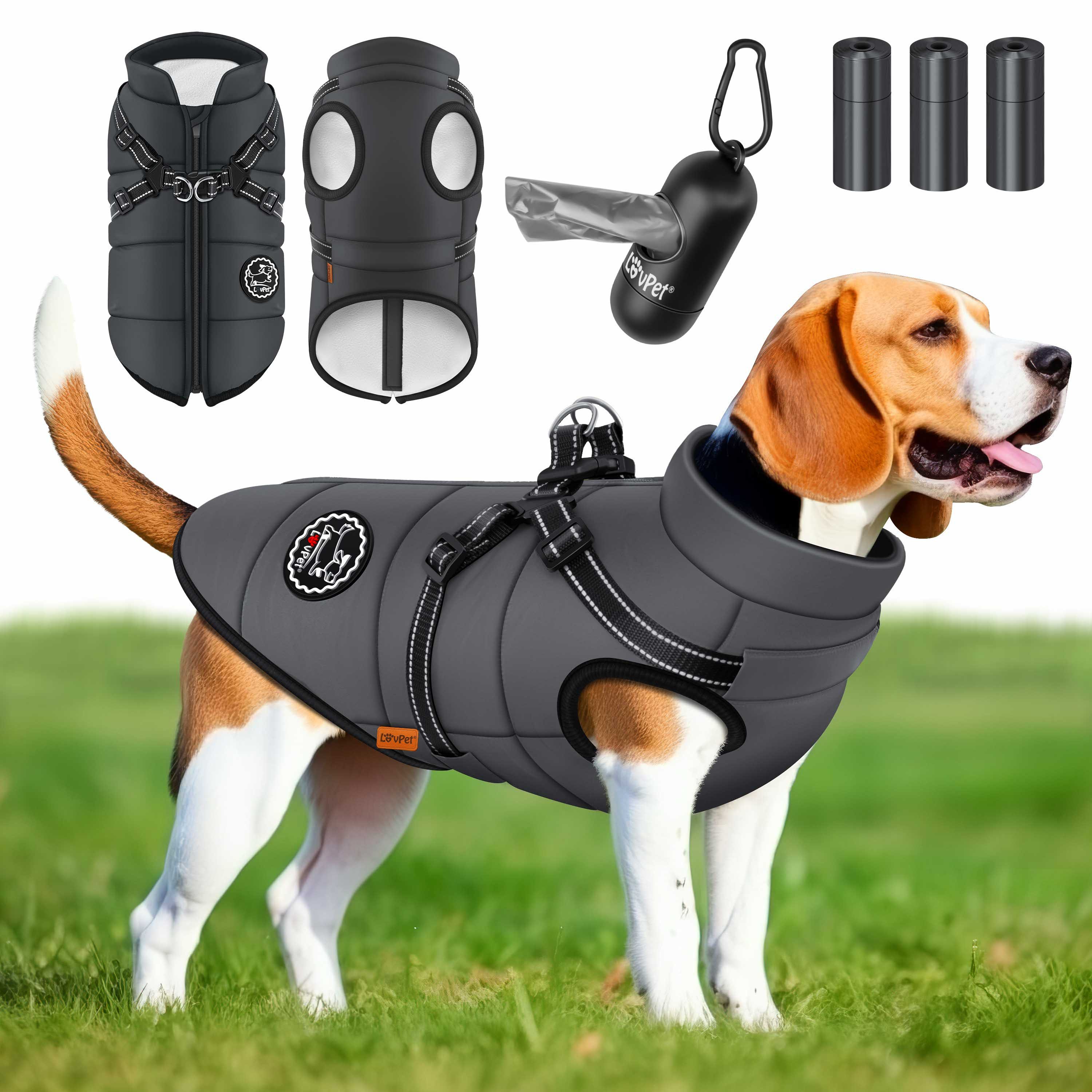 Lovpet Hundejacke, Hundemantel mit Geschirr, inkl. 45 Stück Kotbeutel +Spender