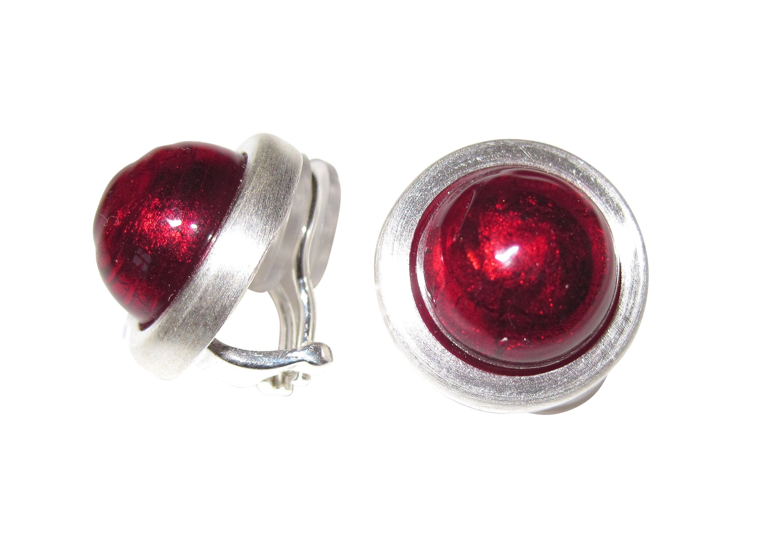 Mugello Paar Ohrclips Murano Clips rot Sterlingsilber hochwertig chic Handarbeit, Creole Goldschmiedearbeit aus Deutschland, Perle echtes Muranoglas