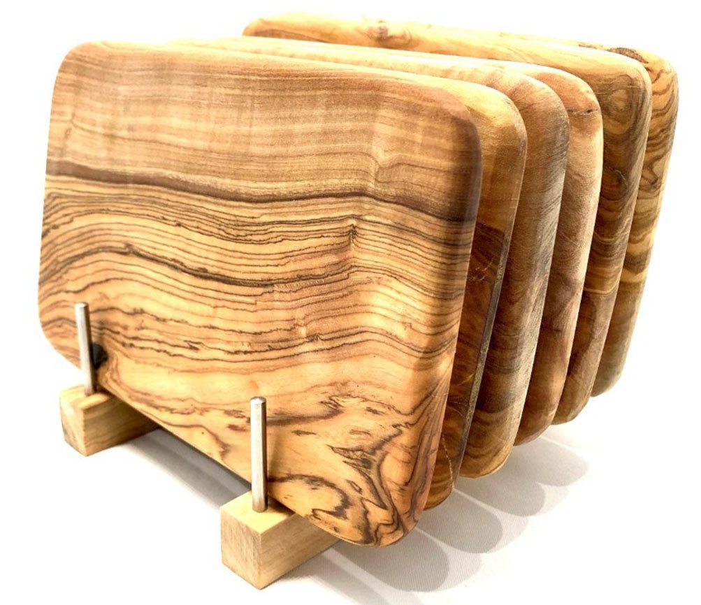 Olivenholz-erleben Frühstücksbrett Bretterständer inkl. 6 Frühstücksbretter Olivenholz 22 x 14 cm, Massivholz, (Set, 7-St., 1x Bretterhalter, 6 Frühstücksbretter, plus Überraschung), platzsparende Aufbewahrung für bis zu 6 Brettchen an einem Ort