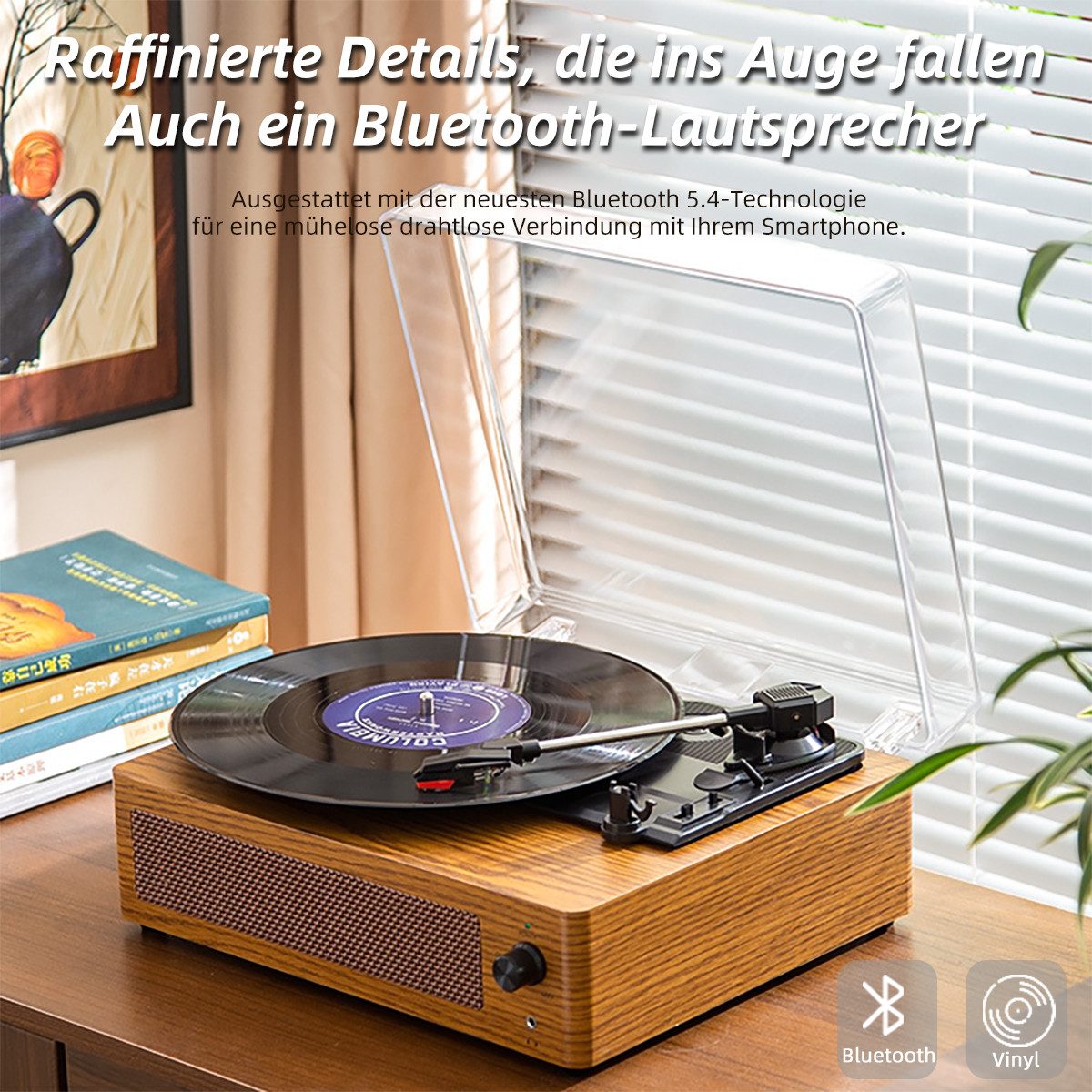 Tekoo Schallplattenspieler Retro Holz, Bluetooth 5.4 & Lautsprecher Plattenspieler (Riemenantrieb, Bluetooth, Integrierte Stereo-Lautsprecher, Auto-Stop-Funktion, Retro-Holzdesign)