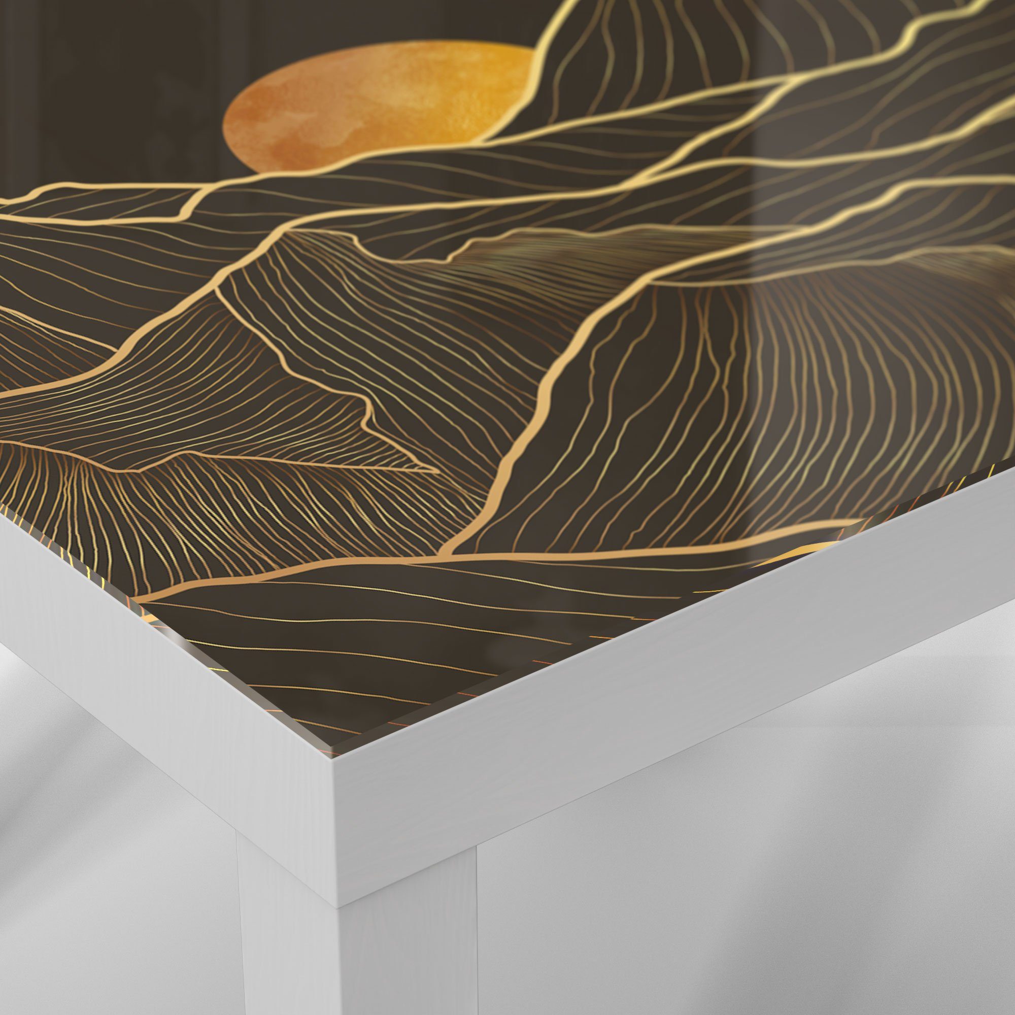 'Goldenes Weiß modern Beistelltisch Glas Couchtisch Gebirge', DEQORI Glastisch Linien