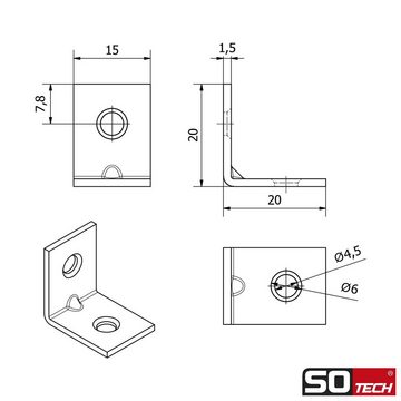 SO-TECH® Winkelverbinder L-Winkel gerade, Stahl verzinkt, Lochung gesenkt, LxB: 2x1.5 mm, (10-St), Möbelwinkel mit Sicke, 20 x 20 x 15 x 1,5 mm