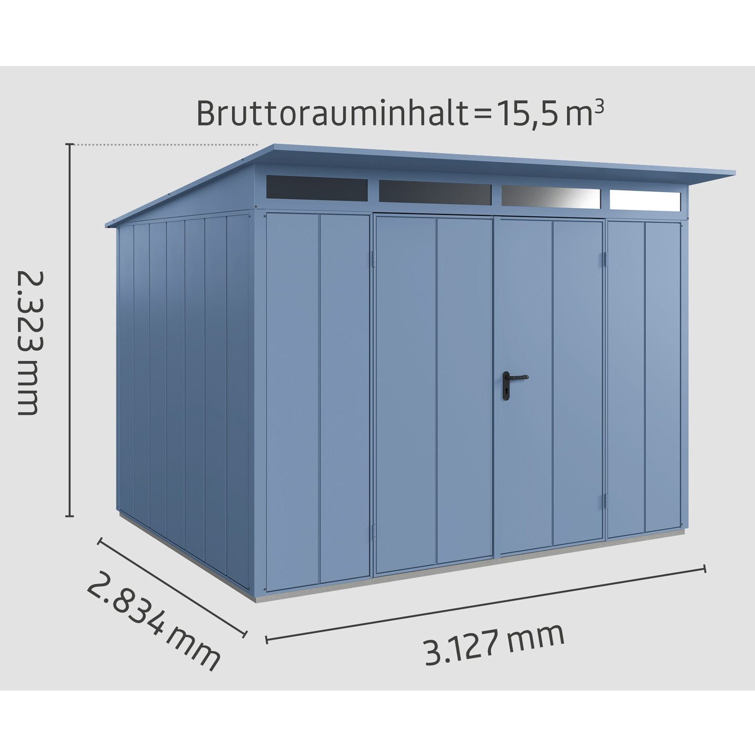 Hörmann 3, Ecostar Metall-Gerätehaus Gerätehaus mit Elegant taubenblau Typ 2-flügelige Pultdach Tür