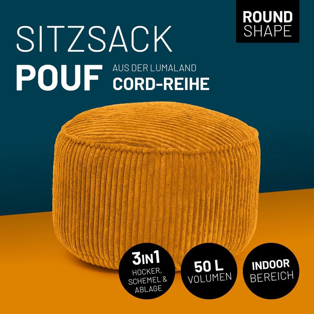 Lumaland Sitzsack Sitzsack-Hocker Pouf rund Cord 50l senfgelb, supersofte Füllung EPS-Perlen – Bild 2 von 5