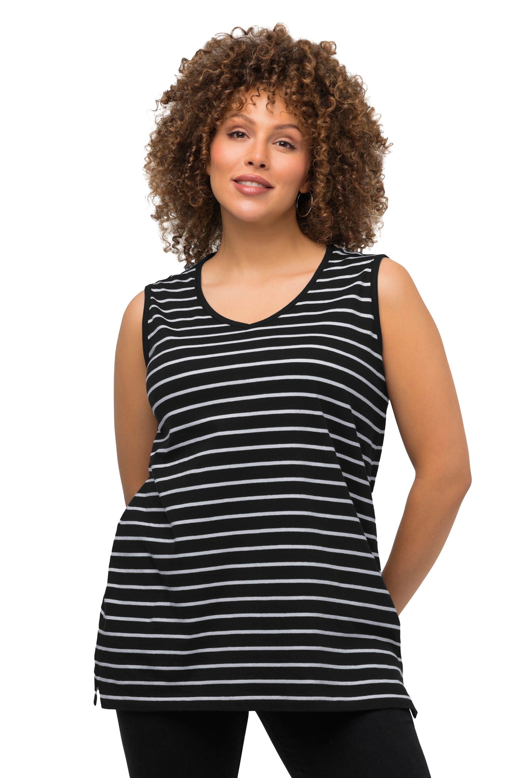 Ulla Popken Longtop Top 2er-Pack Ringel/uni V-Ausschnitt ärmellos (2-tlg)