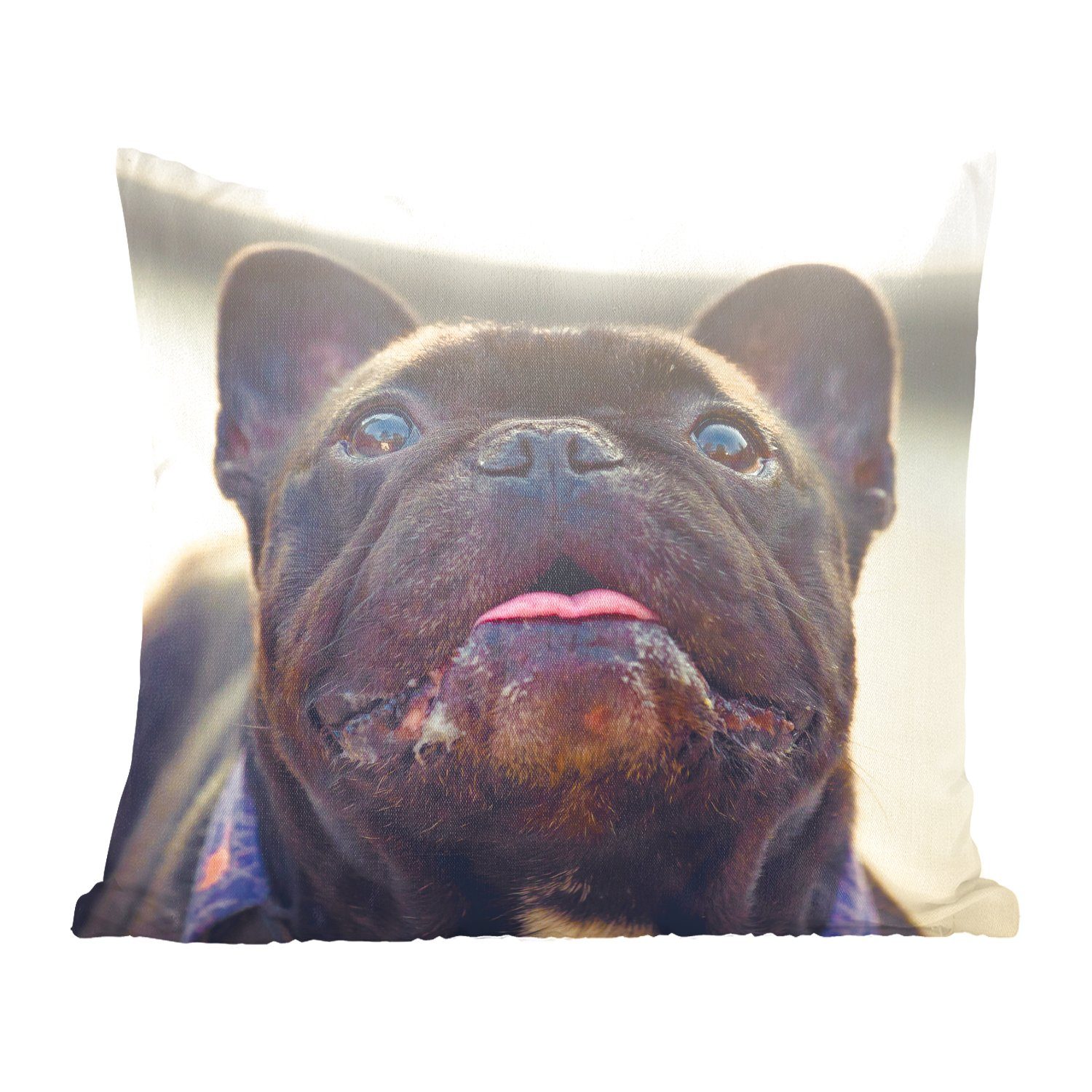 Dekokissen mit Schwarz Füllung Schlafzimmer, Zierkissen Wohzimmer, MuchoWow Sonne, Deko, für - Bulldogge Französische Sofakissen -